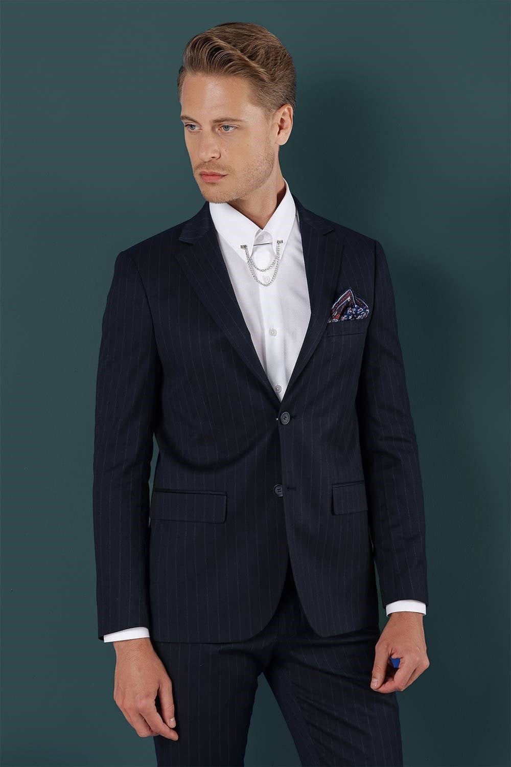 Slim Fit Çift Yırtmaç Yünlü Çizgili Lacivert Ceket C 652