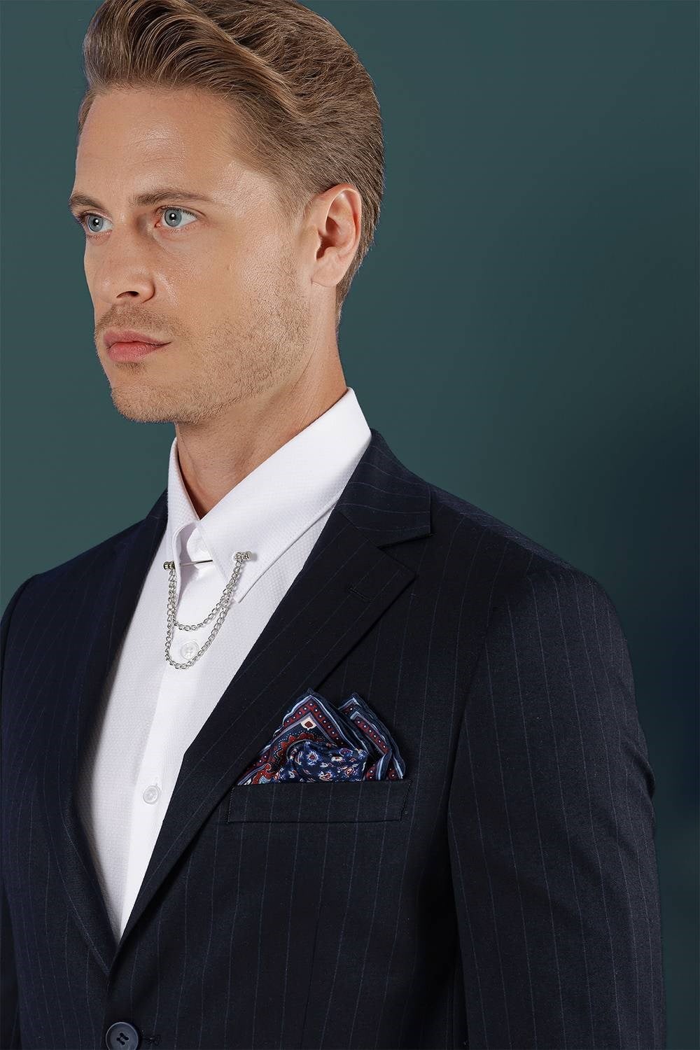 Slim Fit Çift Yırtmaç Yünlü Çizgili Lacivert Ceket C 652