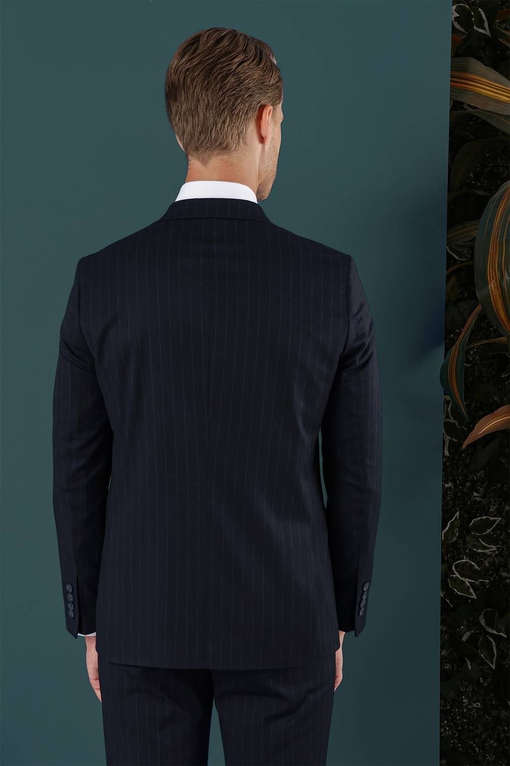Slim Fit Çift Yırtmaç Yünlü Çizgili Lacivert Ceket C 652