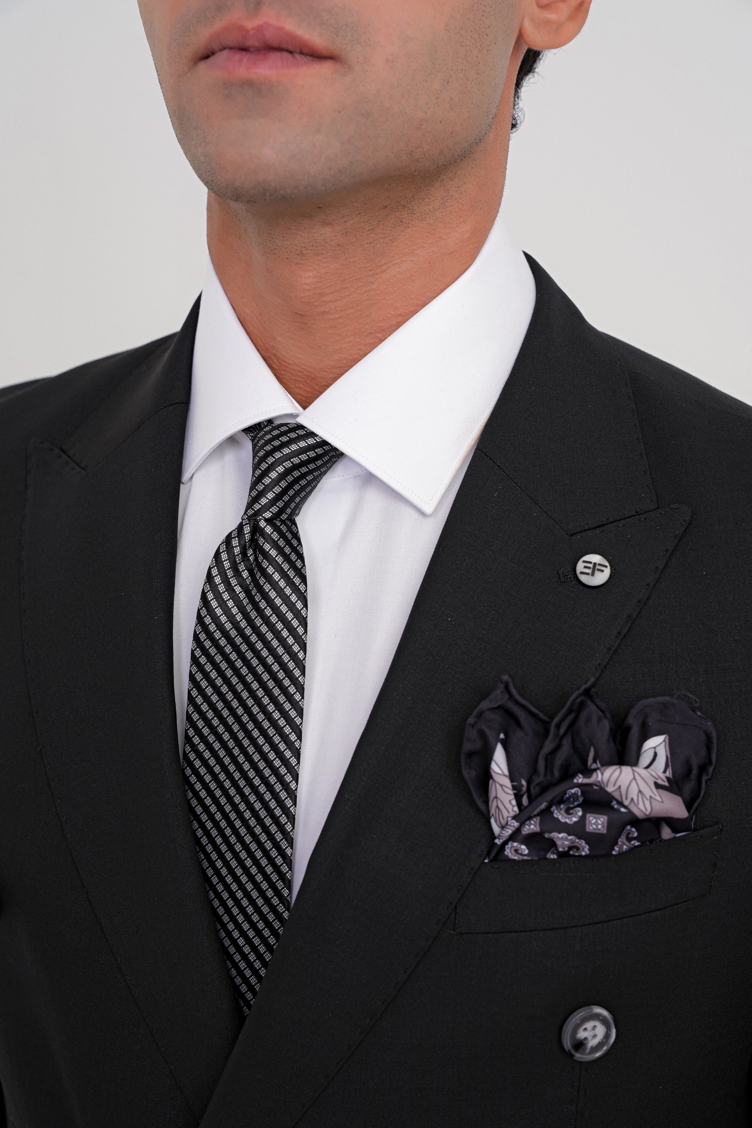 Slim Fit Çift Yırtmaç Yünlü Esnek Düz Siyah Kruvaze Takım Elbise TK 920