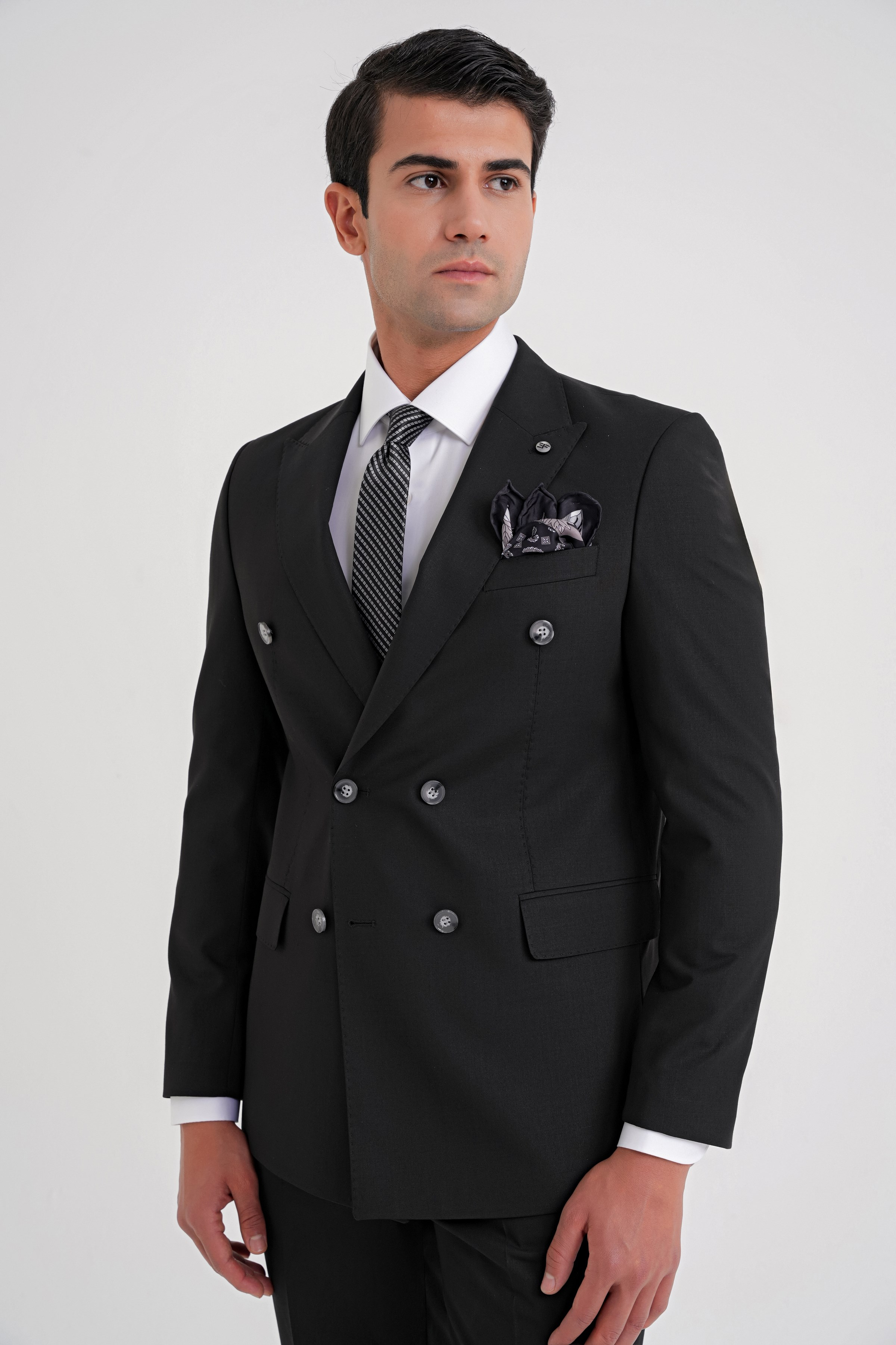 Slim Fit Çift Yırtmaç Yünlü Esnek Düz Siyah Kruvaze Takım Elbise TK 920