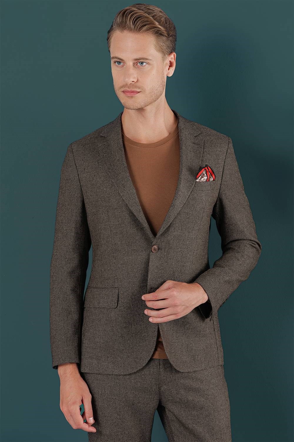 Slim Fit Çift Yırtmaç Yünlü Kırçıllı Dokuma Kahverengi Ceket C 658