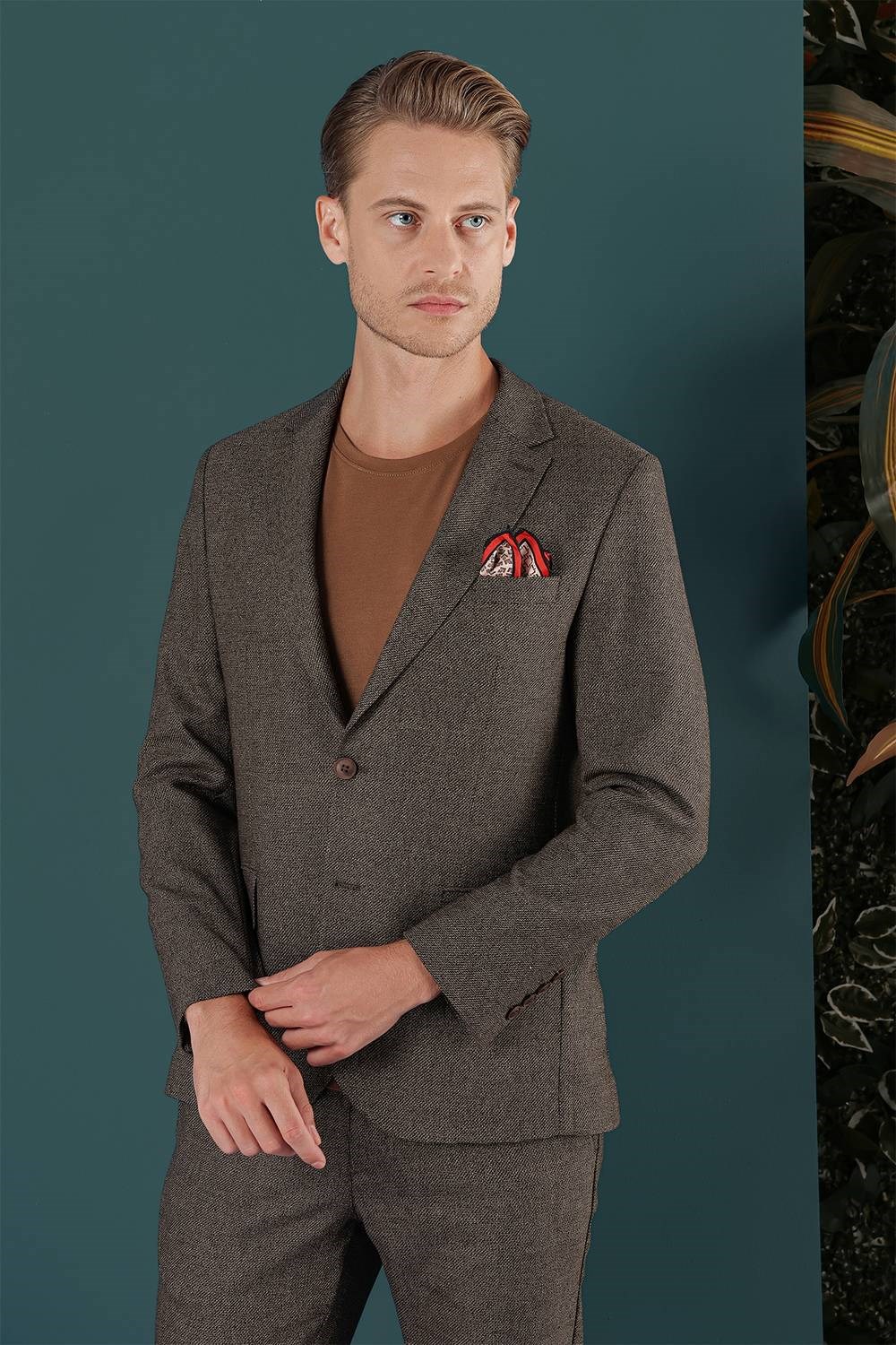 Slim Fit Çift Yırtmaç Yünlü Kırçıllı Dokuma Kahverengi Ceket C 658