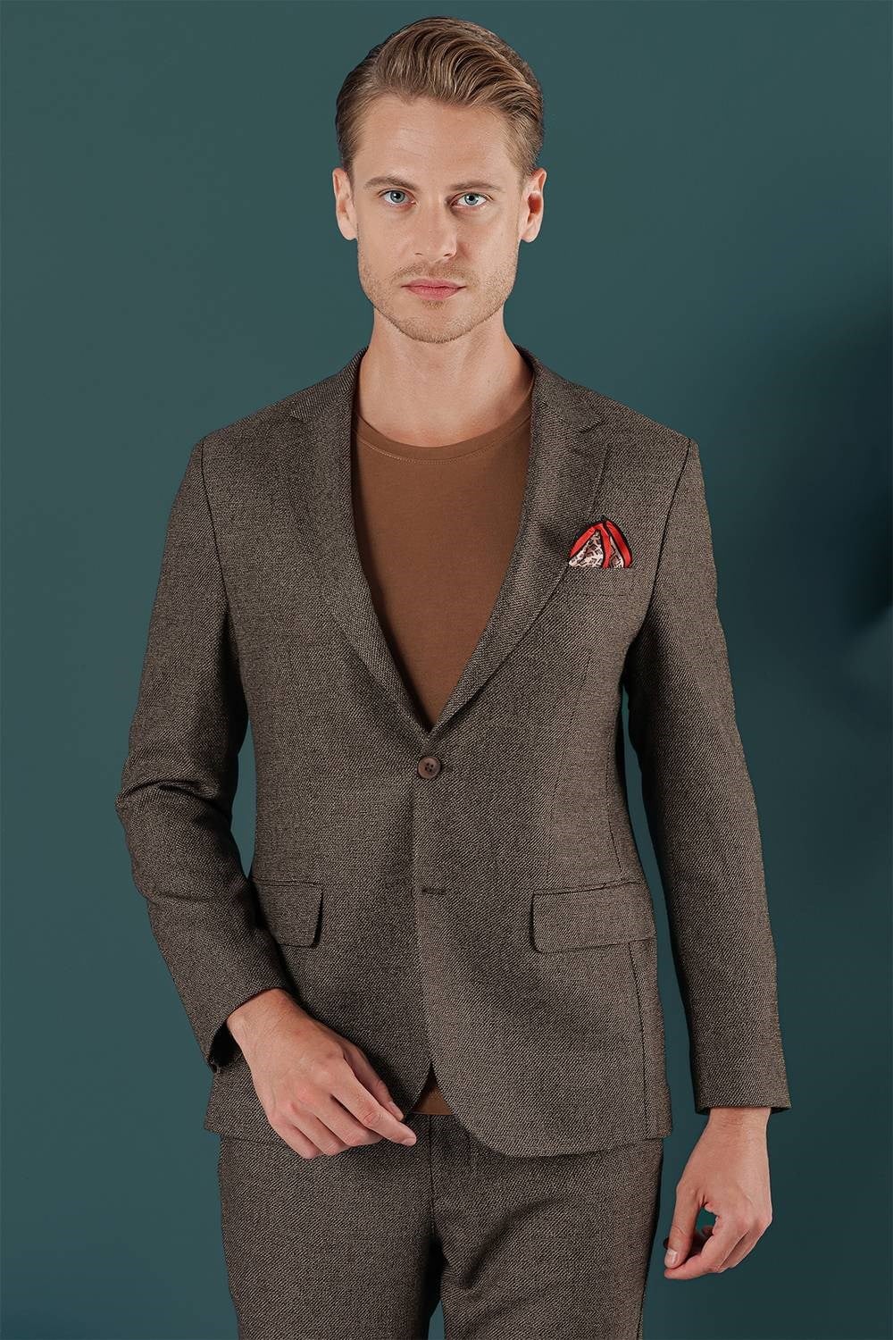 Slim Fit Çift Yırtmaç Yünlü Kırçıllı Dokuma Kahverengi Ceket C 658