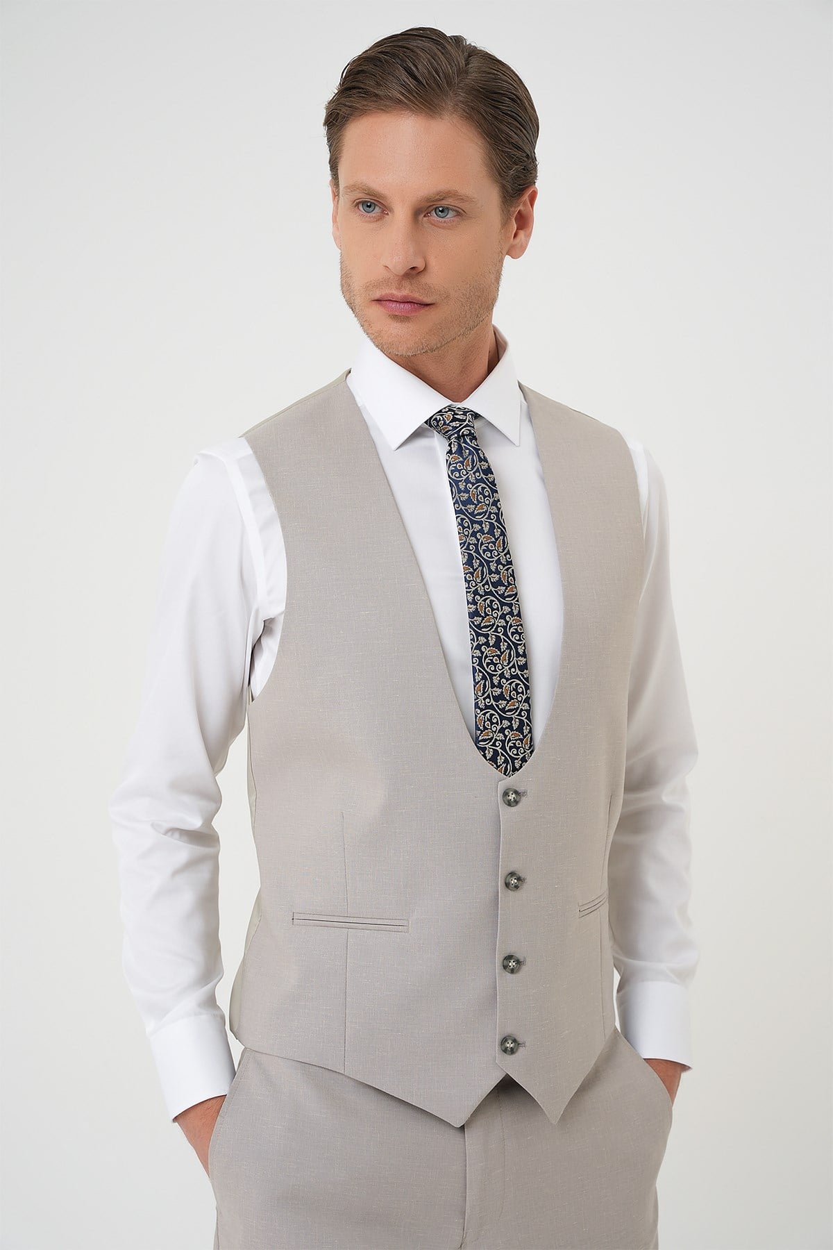 Slim Fit Çift Yırtmaç Yünlü Yelekli Klasik Taş Takım Elbise Tk 914