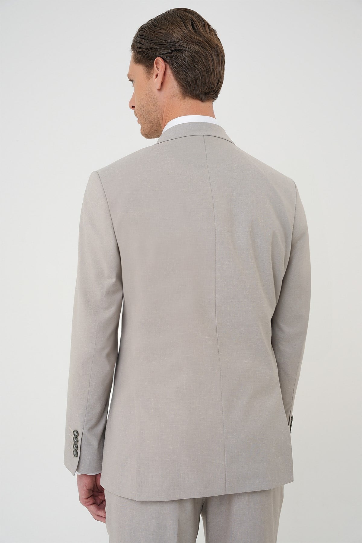 Slim Fit Çift Yırtmaç Yünlü Yelekli Klasik Taş Takım Elbise Tk 914