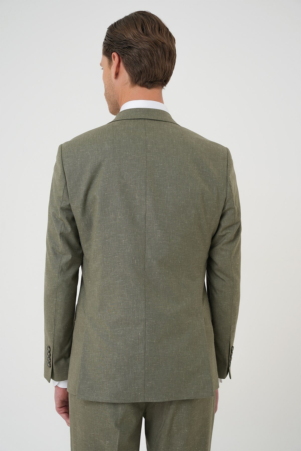 Slim Fit Çift Yırtmaç Yünlü Yelekli Klasik Haki Takım Elbise  Tk 914