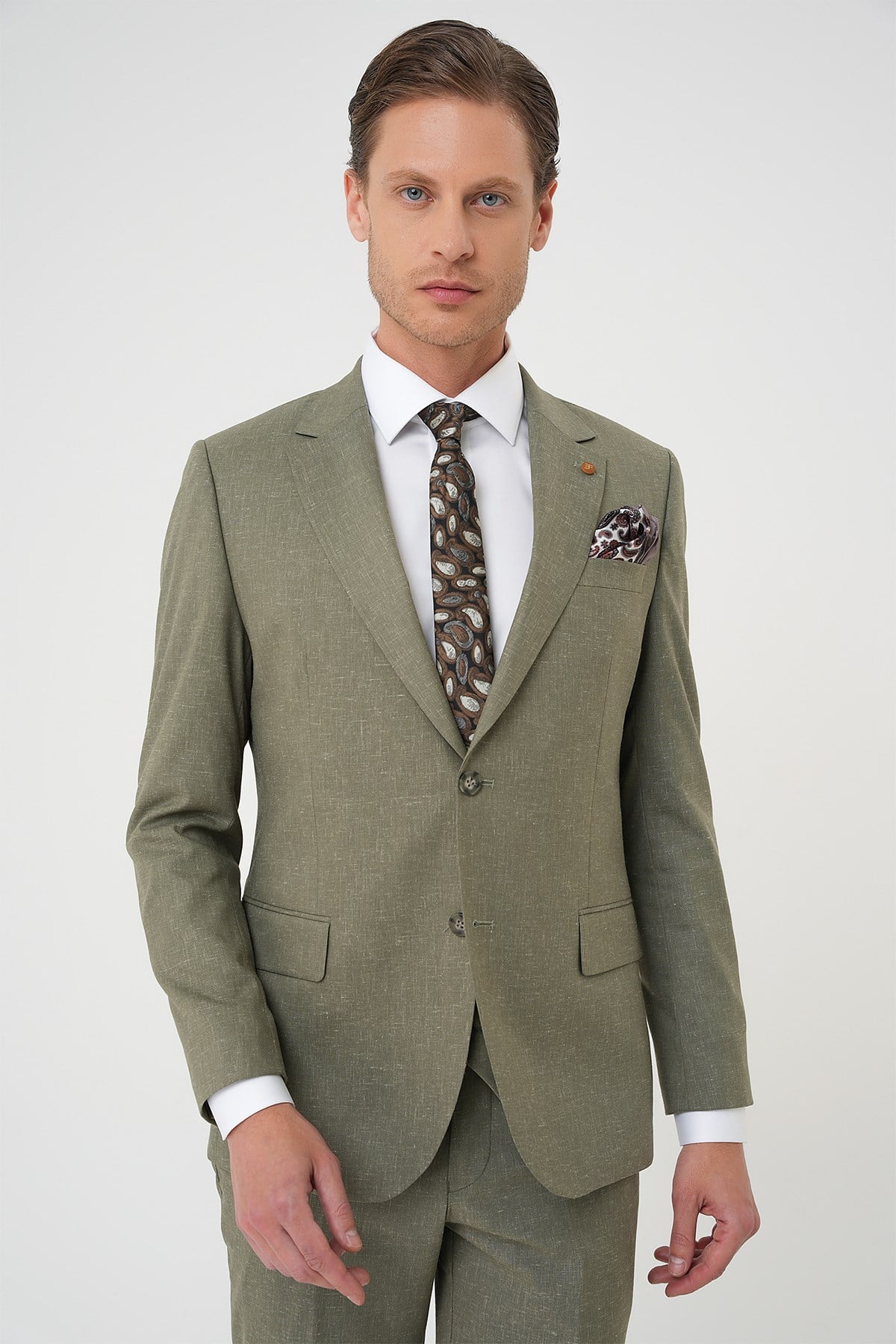 Slim Fit Çift Yırtmaç Yünlü Yelekli Klasik Haki Takım Elbise  Tk 914