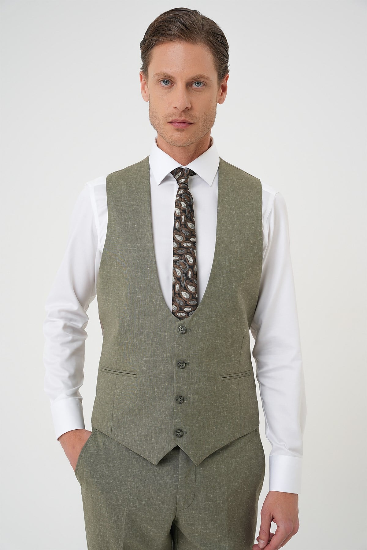 Slim Fit Çift Yırtmaç Yünlü Yelekli Klasik Haki Takım Elbise  Tk 914