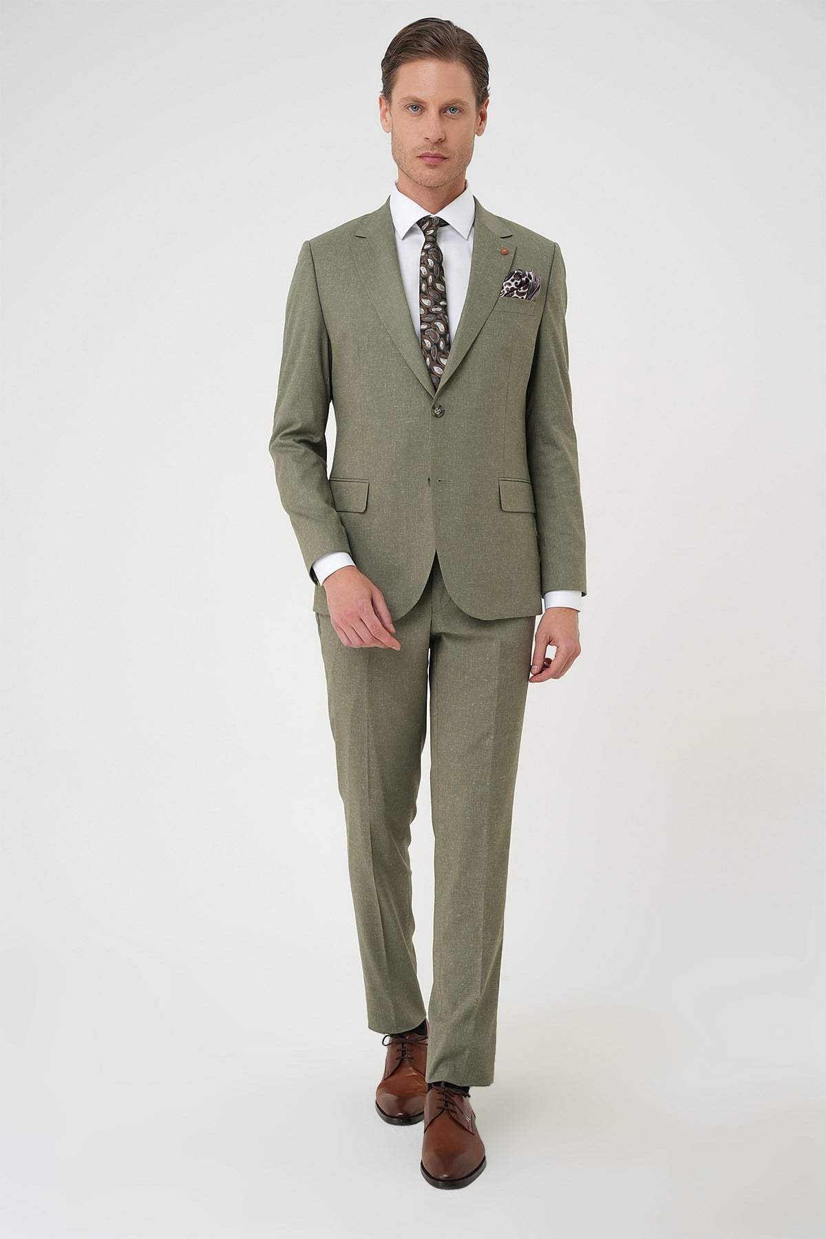 Slim Fit Çift Yırtmaç Yünlü Yelekli Klasik Haki Takım Elbise  Tk 914