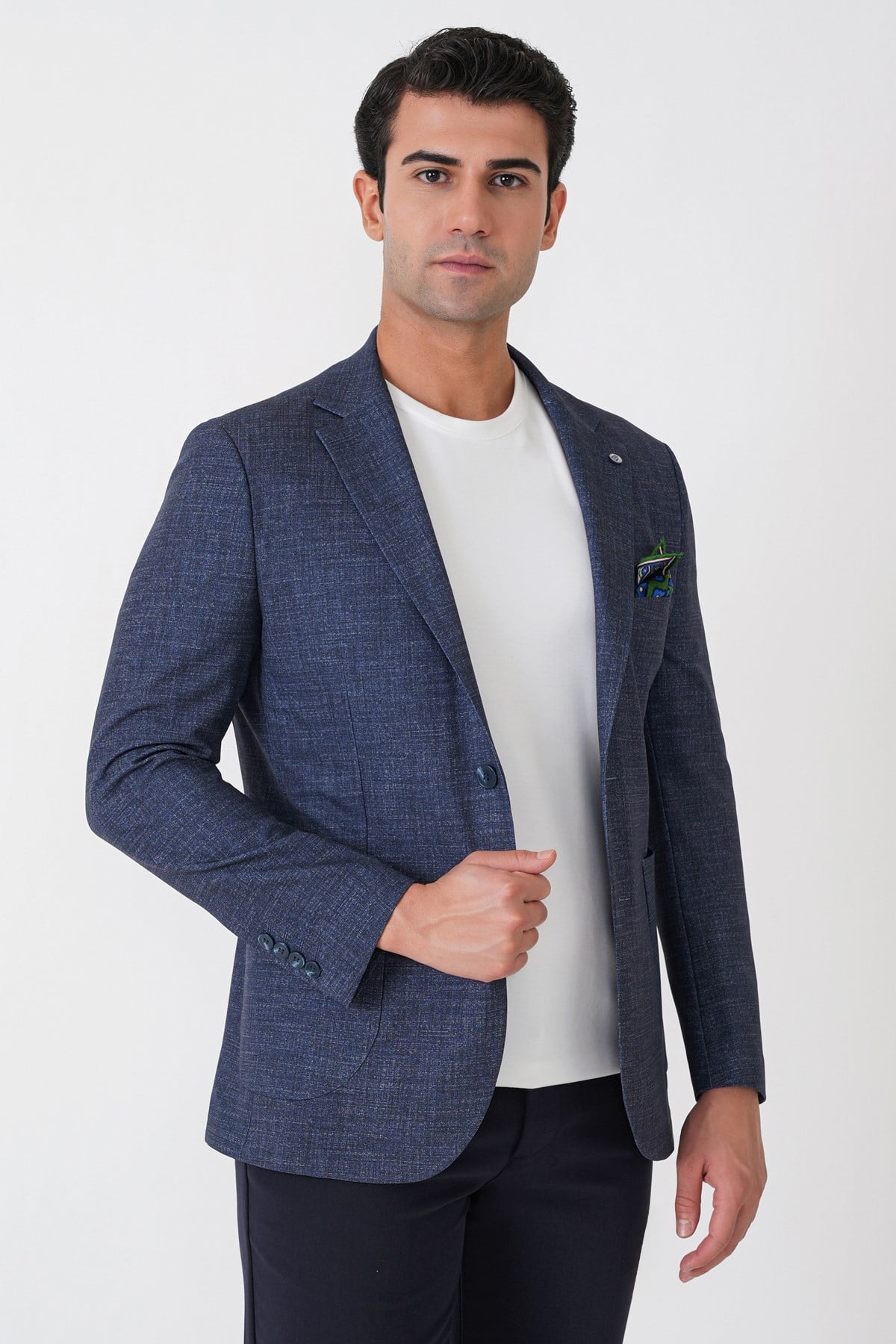 Slim Fit Çift Yırtmaçlı Torba Cep Esenk Yünlü Lacivert Ceket C 752