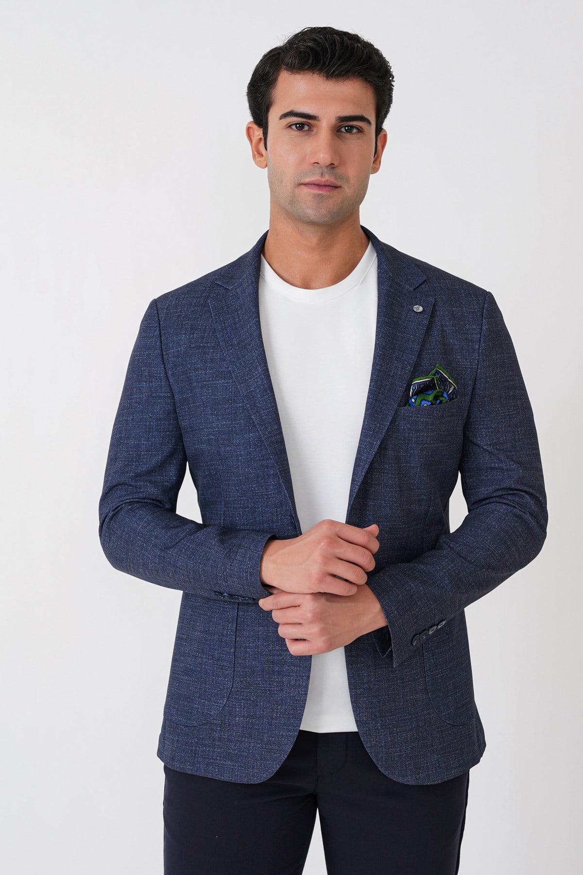 Slim Fit Çift Yırtmaçlı Torba Cep Esenk Yünlü Lacivert Ceket C 752