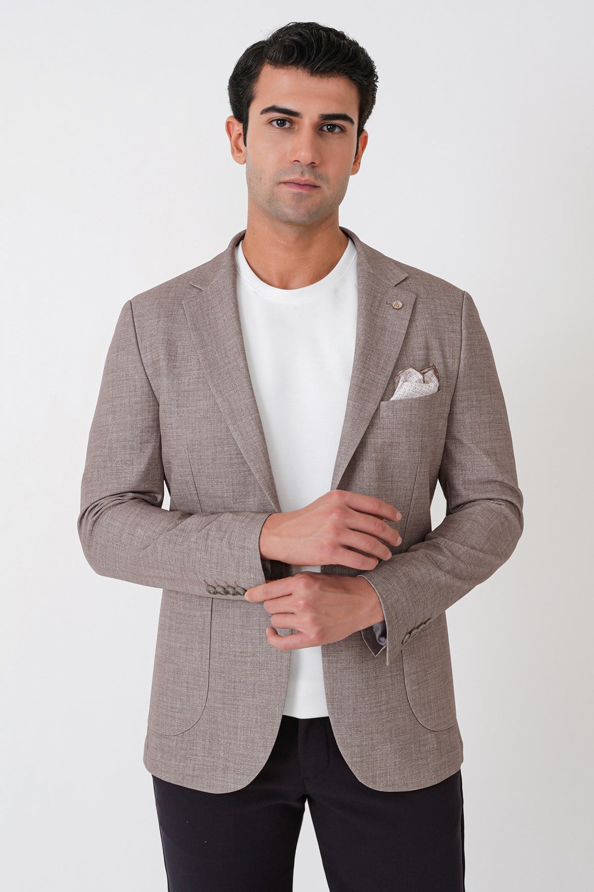 Slim Fit Çift Yırtmaçlı Torba Cep Esenk Yünlü Kum Rengi Ceket C 752