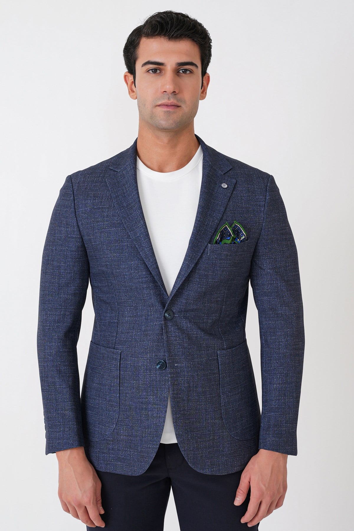Slim Fit Çift Yırtmaçlı Torba Cep Esenk Yünlü Lacivert Ceket C 752