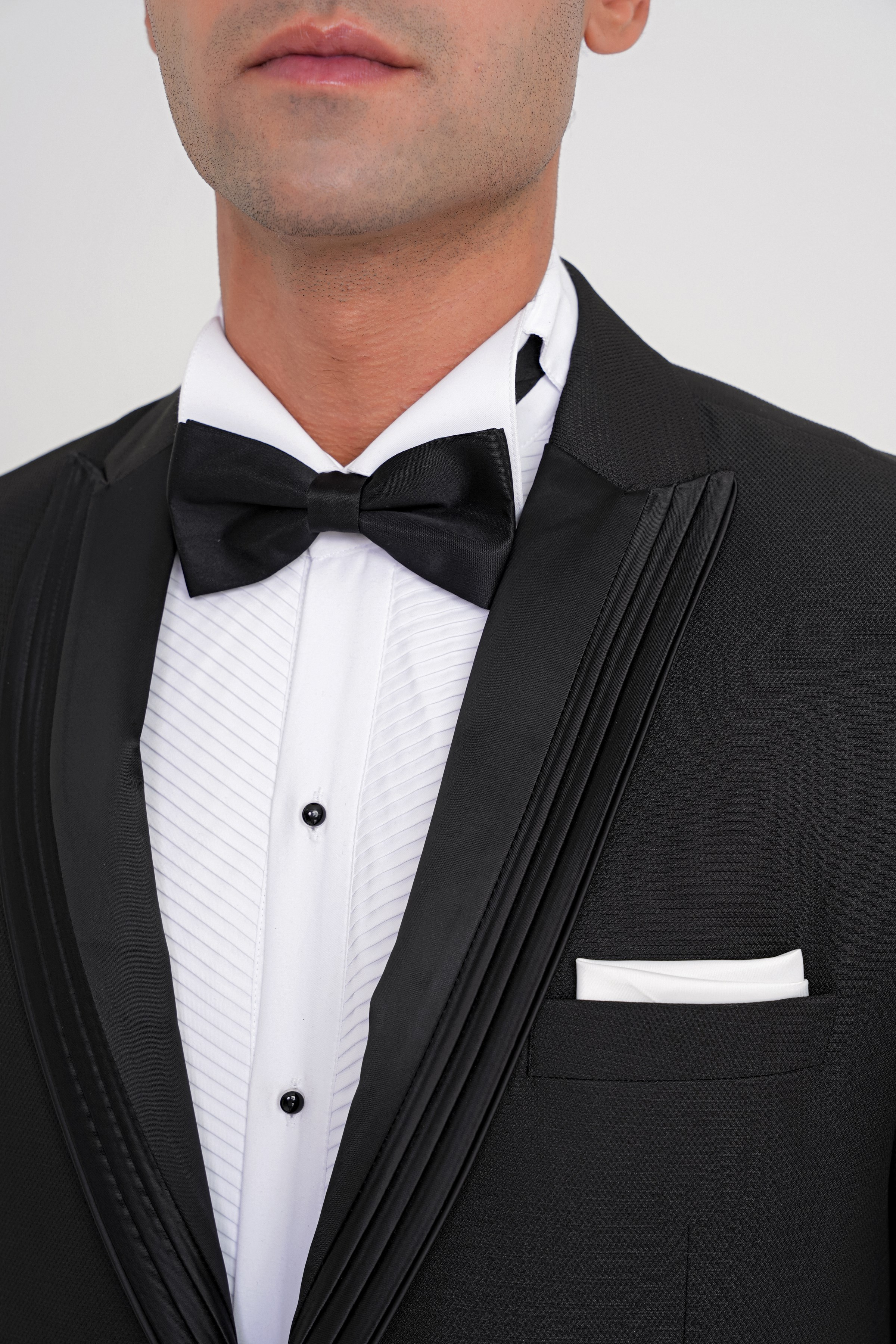 Slim Fit Çift Yıtmaç Fleto Cep Çıkarılabilir Saten Yaka Siyah Damatlık Smokin Takım Black 083