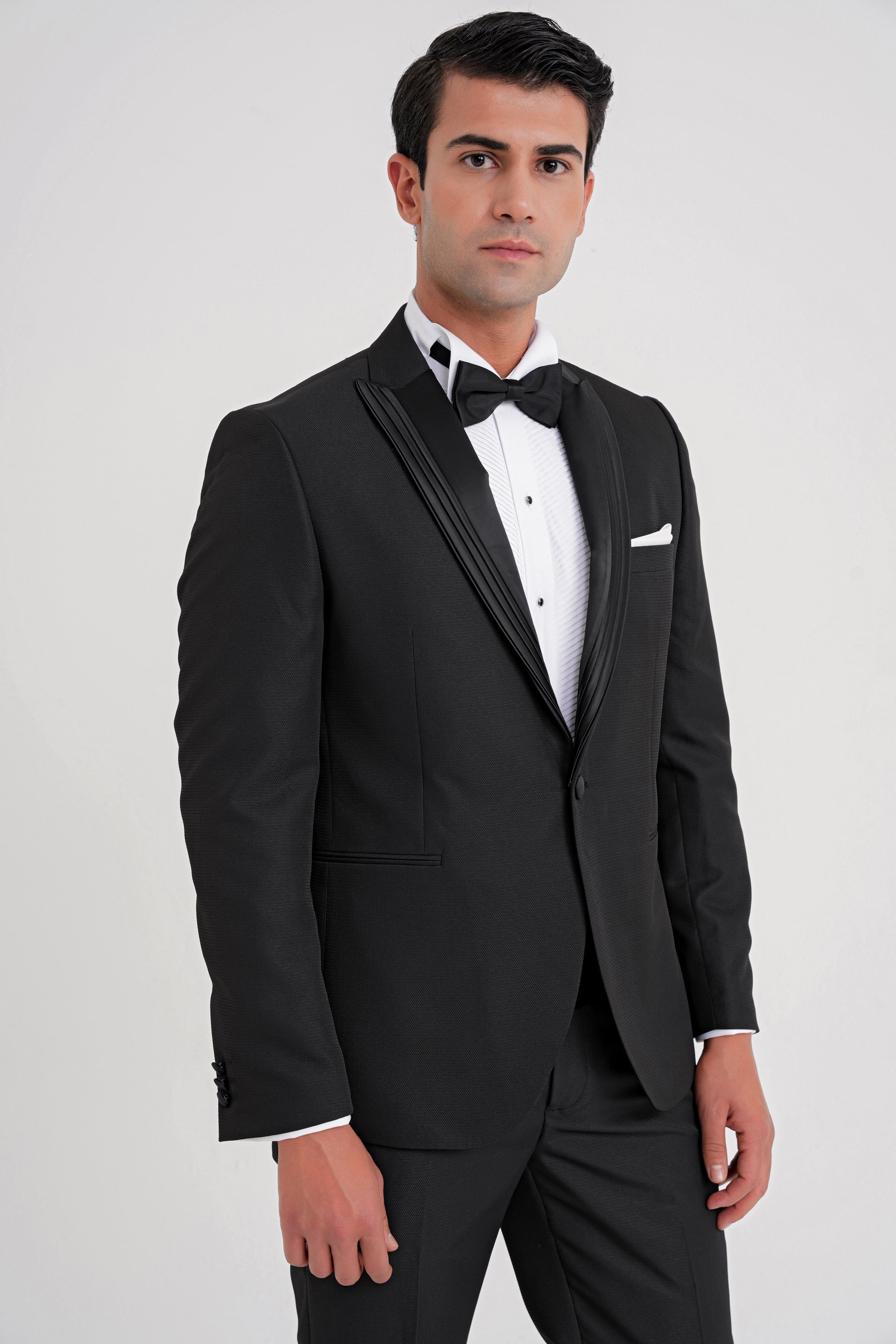 Slim Fit Çift Yıtmaç Fleto Cep Çıkarılabilir Saten Yaka Siyah Damatlık Smokin Takım Black 083