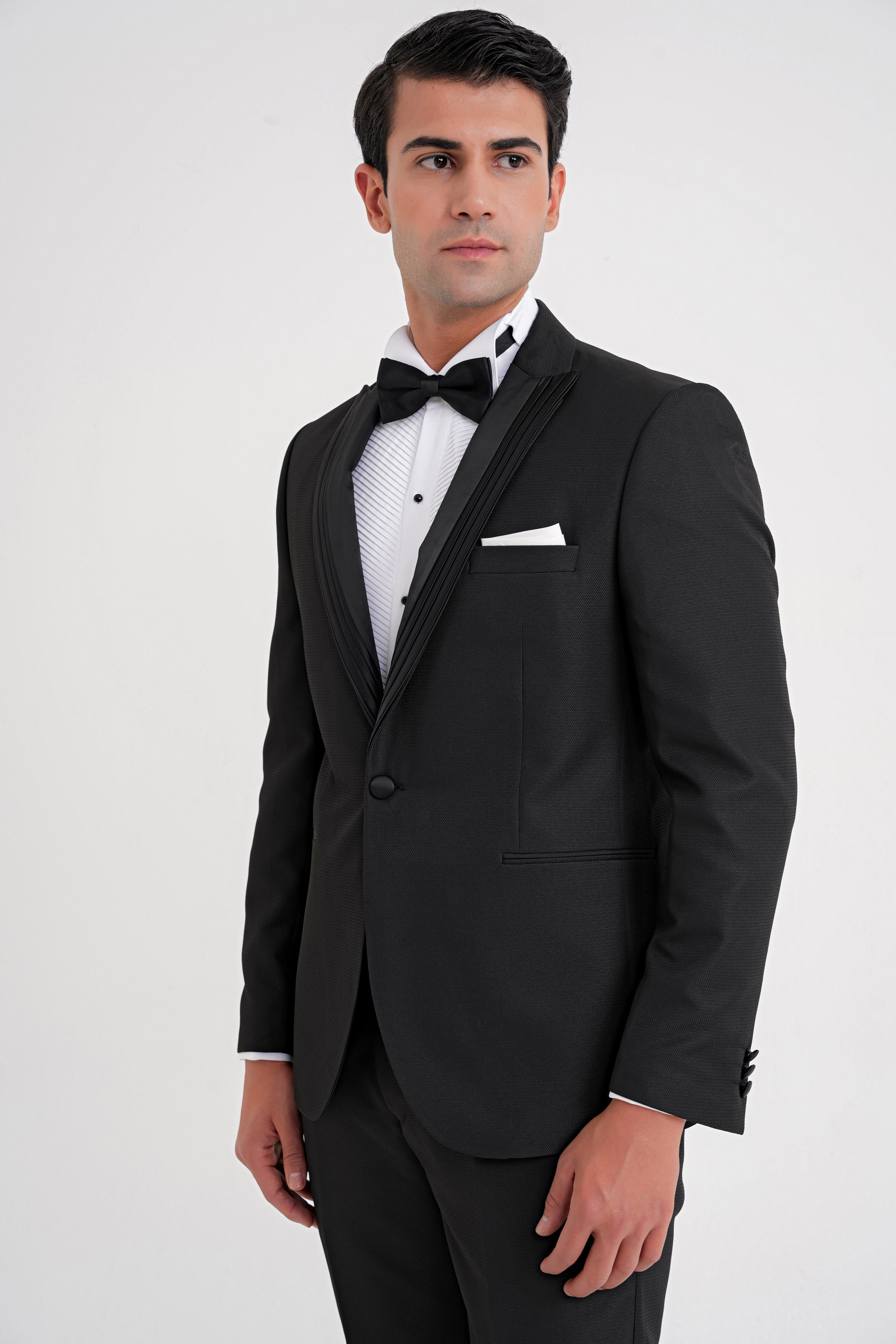 Slim Fit Çift Yıtmaç Fleto Cep Çıkarılabilir Saten Yaka Siyah Damatlık Smokin Takım Black 083