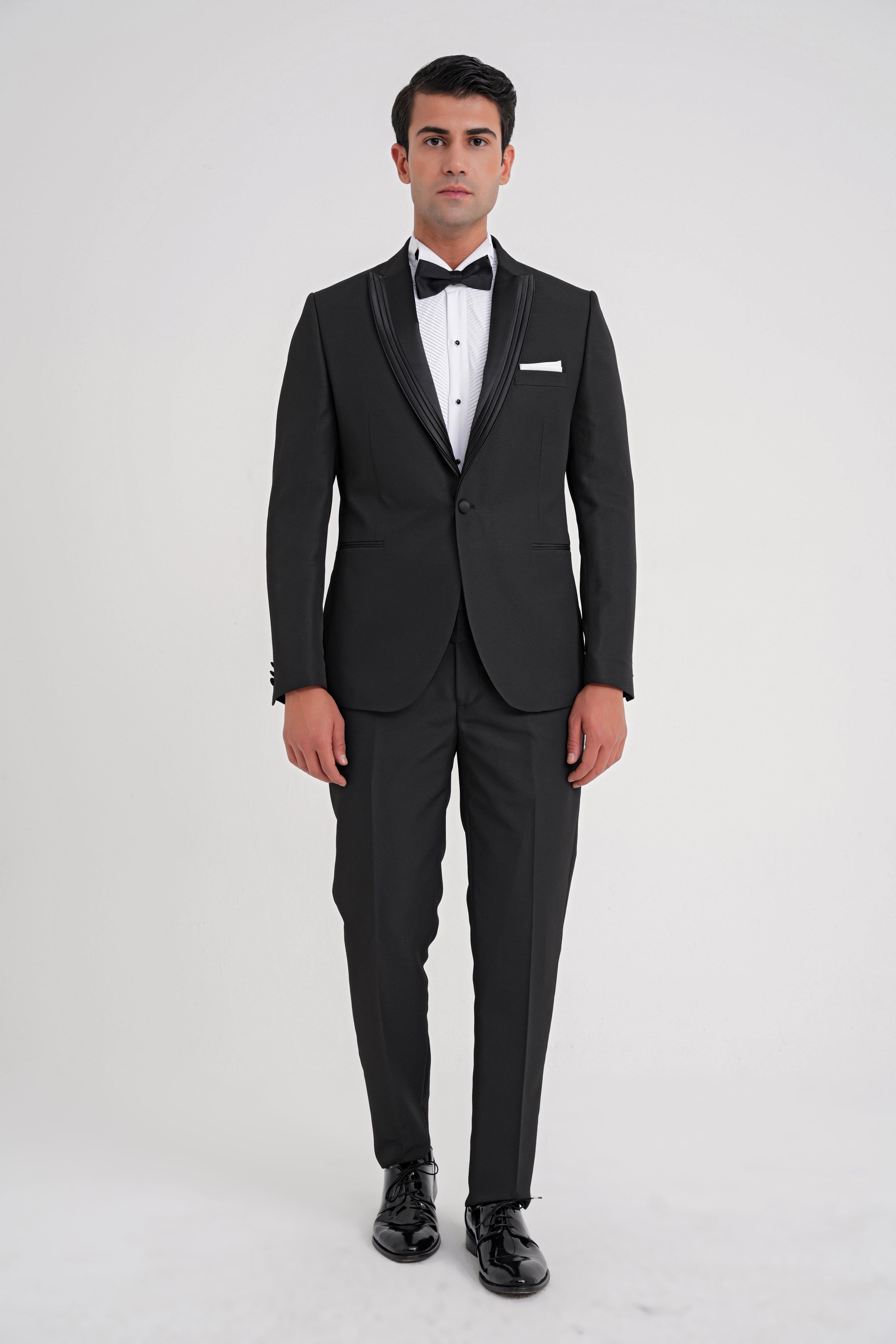 Slim Fit Çift Yıtmaç Fleto Cep Çıkarılabilir Saten Yaka Siyah Damatlık Smokin Takım Black 083