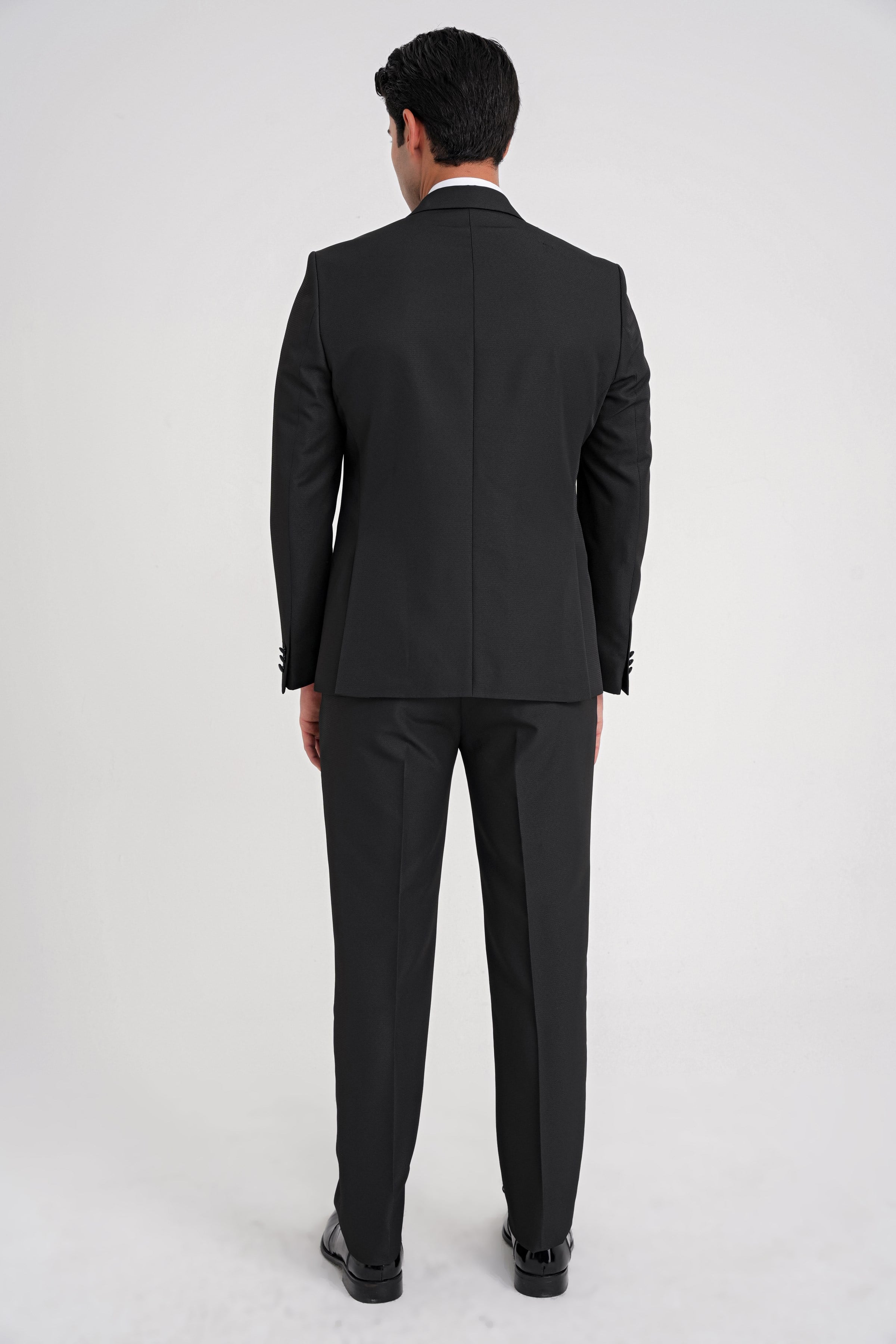 Slim Fit Çift Yıtmaç Fleto Cep Çıkarılabilir Saten Yaka Siyah Damatlık Smokin Takım Black 083
