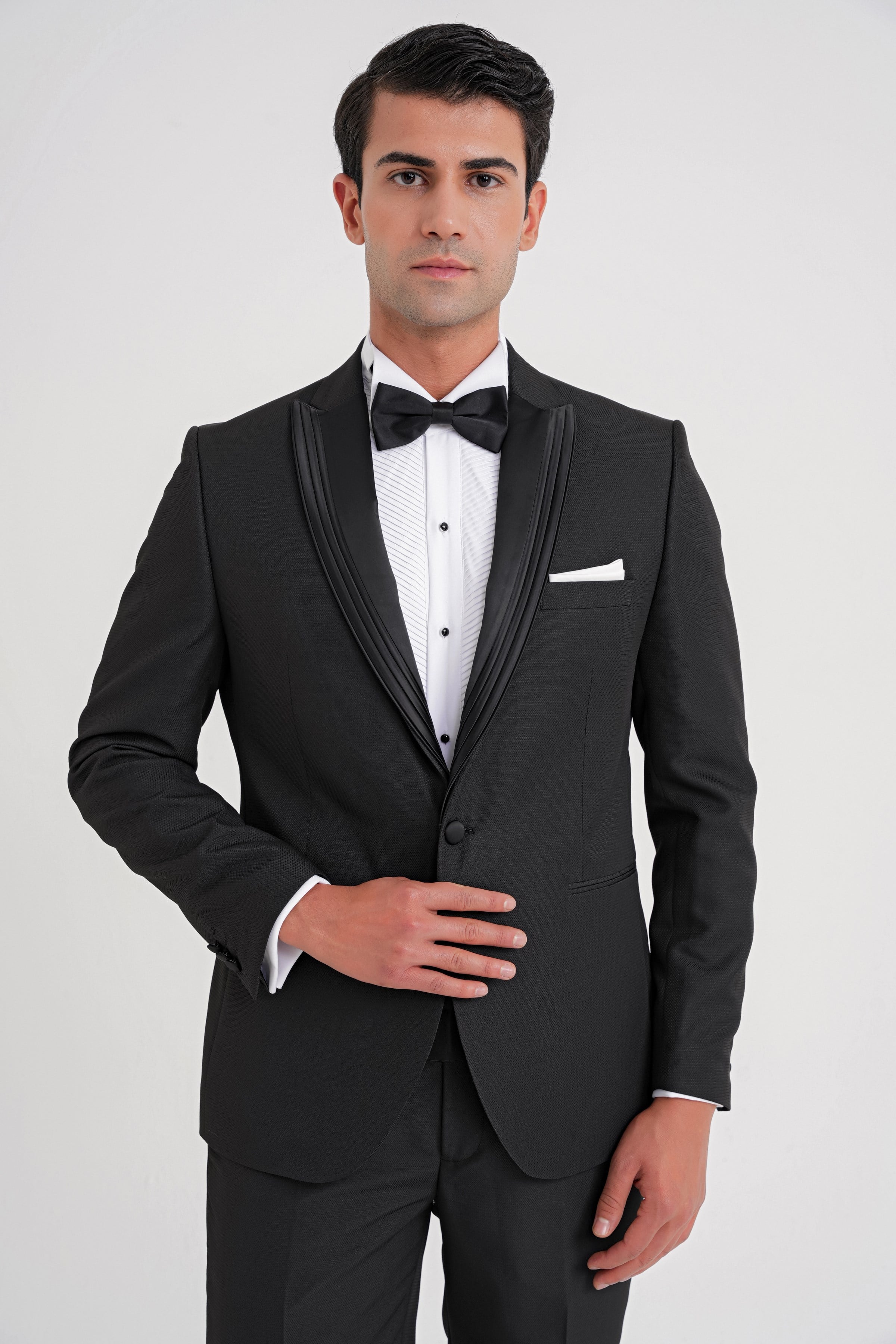 Slim Fit Çift Yıtmaç Fleto Cep Çıkarılabilir Saten Yaka Siyah Damatlık Smokin Takım Black 083