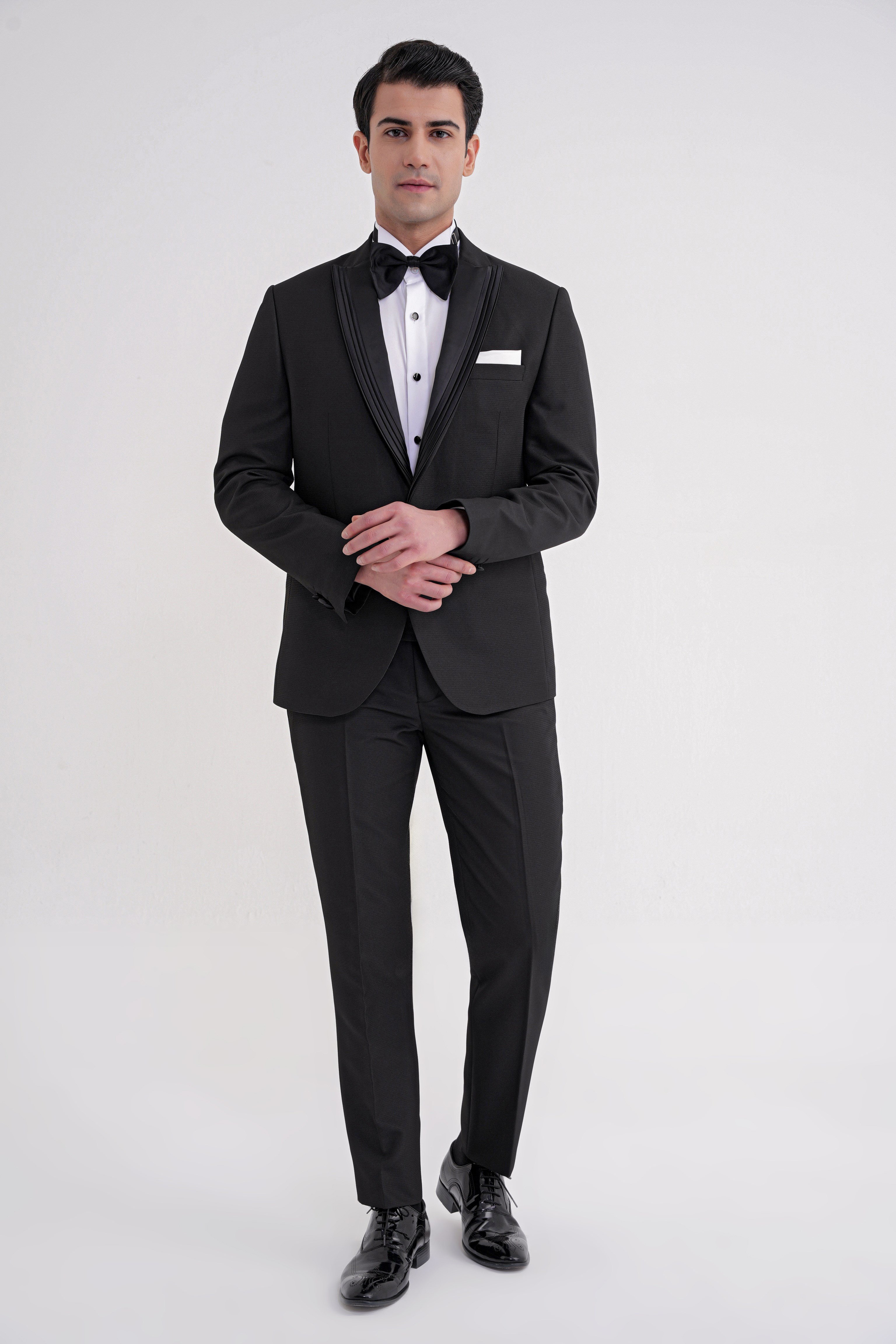 Slim Fit Çift Yıtmaç Fleto Cep Doku Desenli Çıkarılabilir Saten Yaka Siyah Damatlık Smokin Takım Black 083 EF