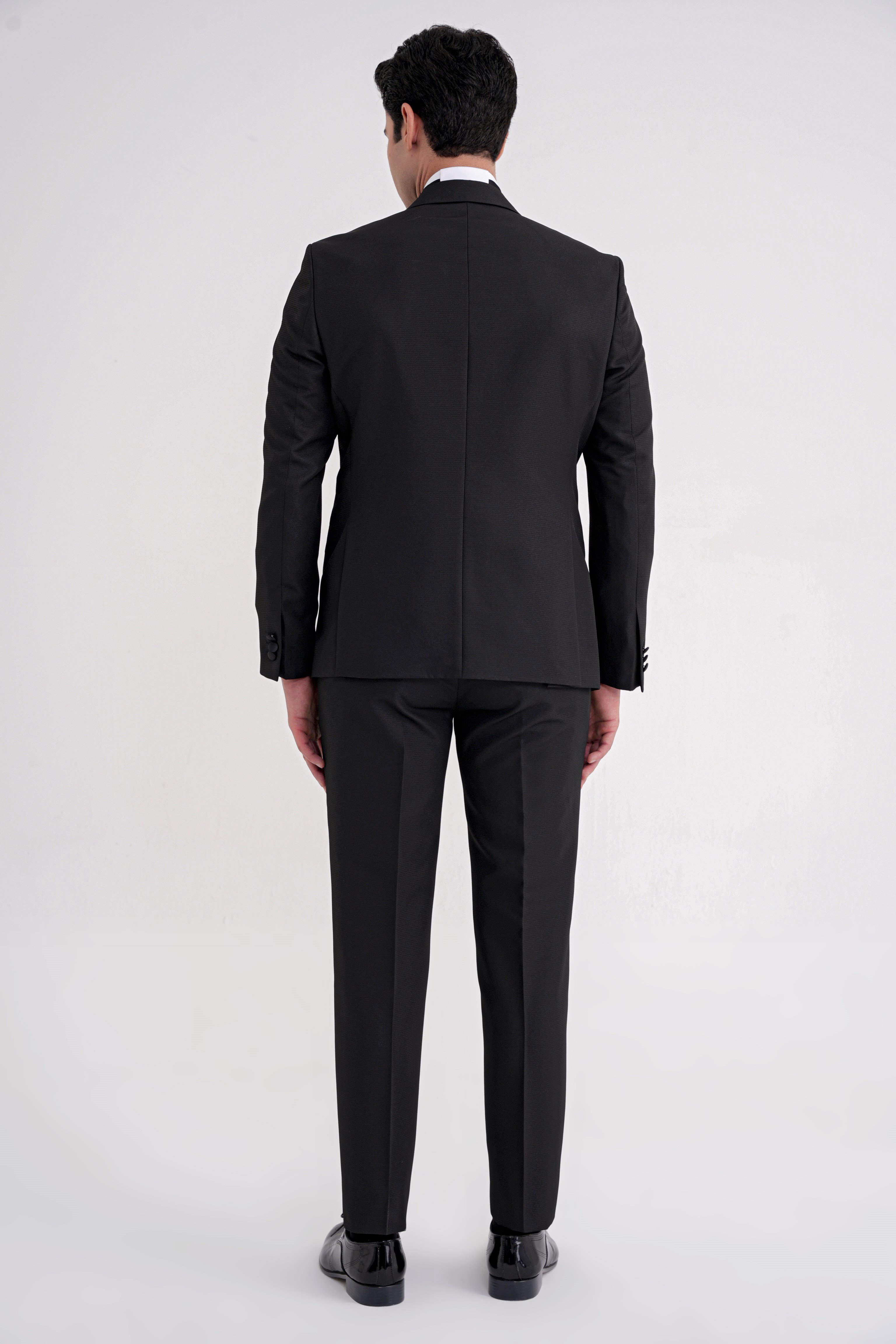 Slim Fit Çift Yıtmaç Fleto Cep Doku Desenli Çıkarılabilir Saten Yaka Siyah Damatlık Smokin Takım Black 083 EF