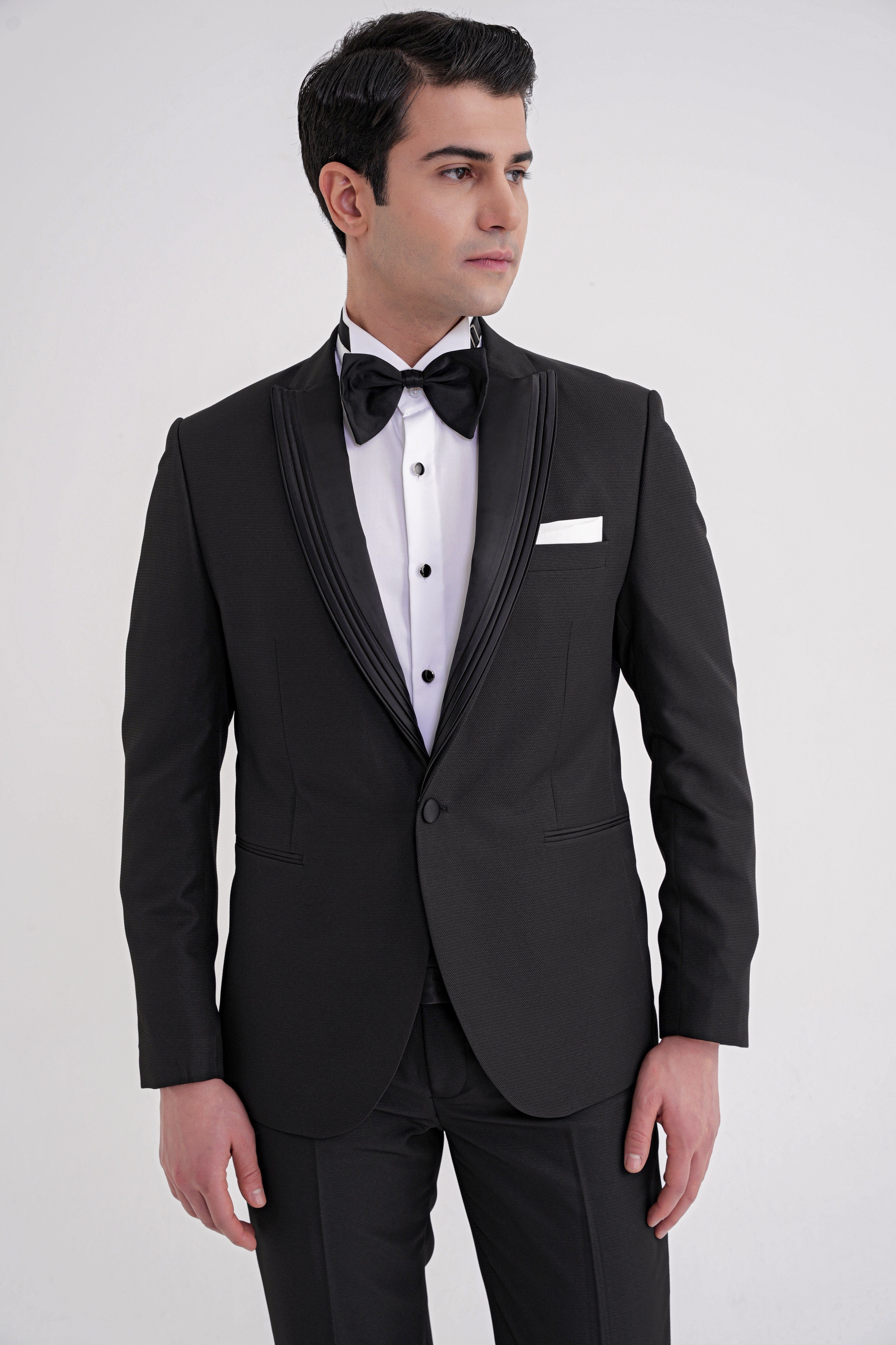 Slim Fit Çift Yıtmaç Fleto Cep Doku Desenli Çıkarılabilir Saten Yaka Siyah Damatlık Smokin Takım Black 083 EF