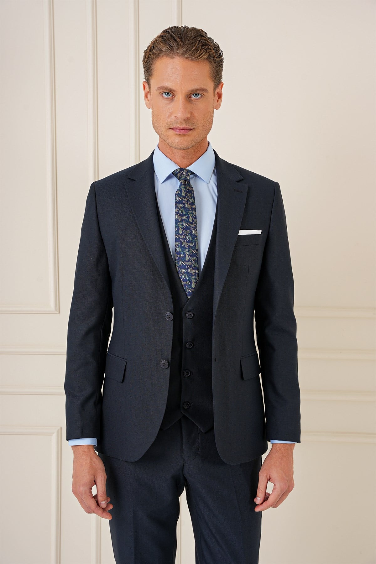Slim Fit Çift Yıtmaç Lacivert Klasik Yelekli Takım Elbise TK 896