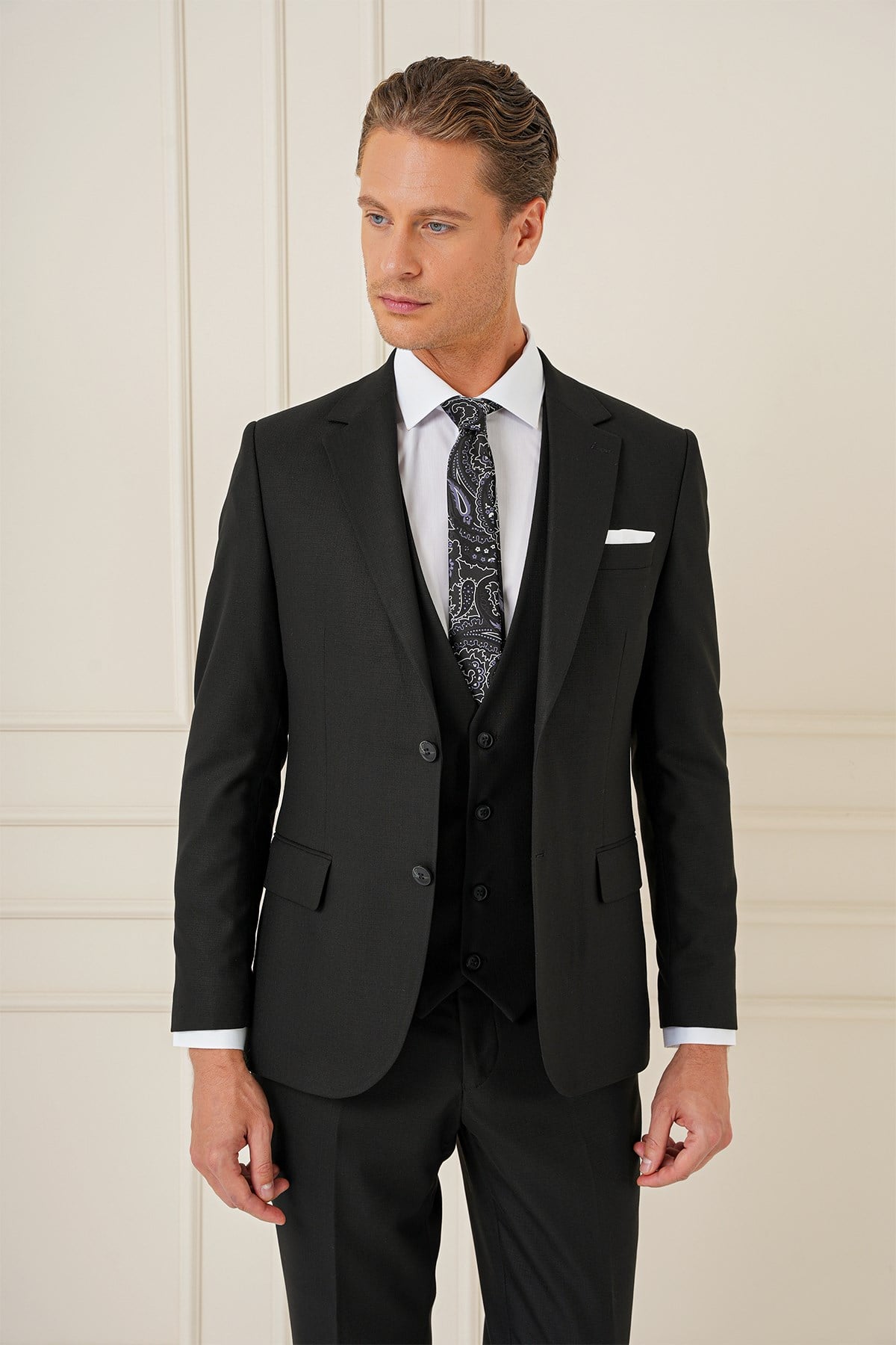 Slim Fit Çift Yıtmaç Siyah Klasik Yelekli Takım Elbise TK 896