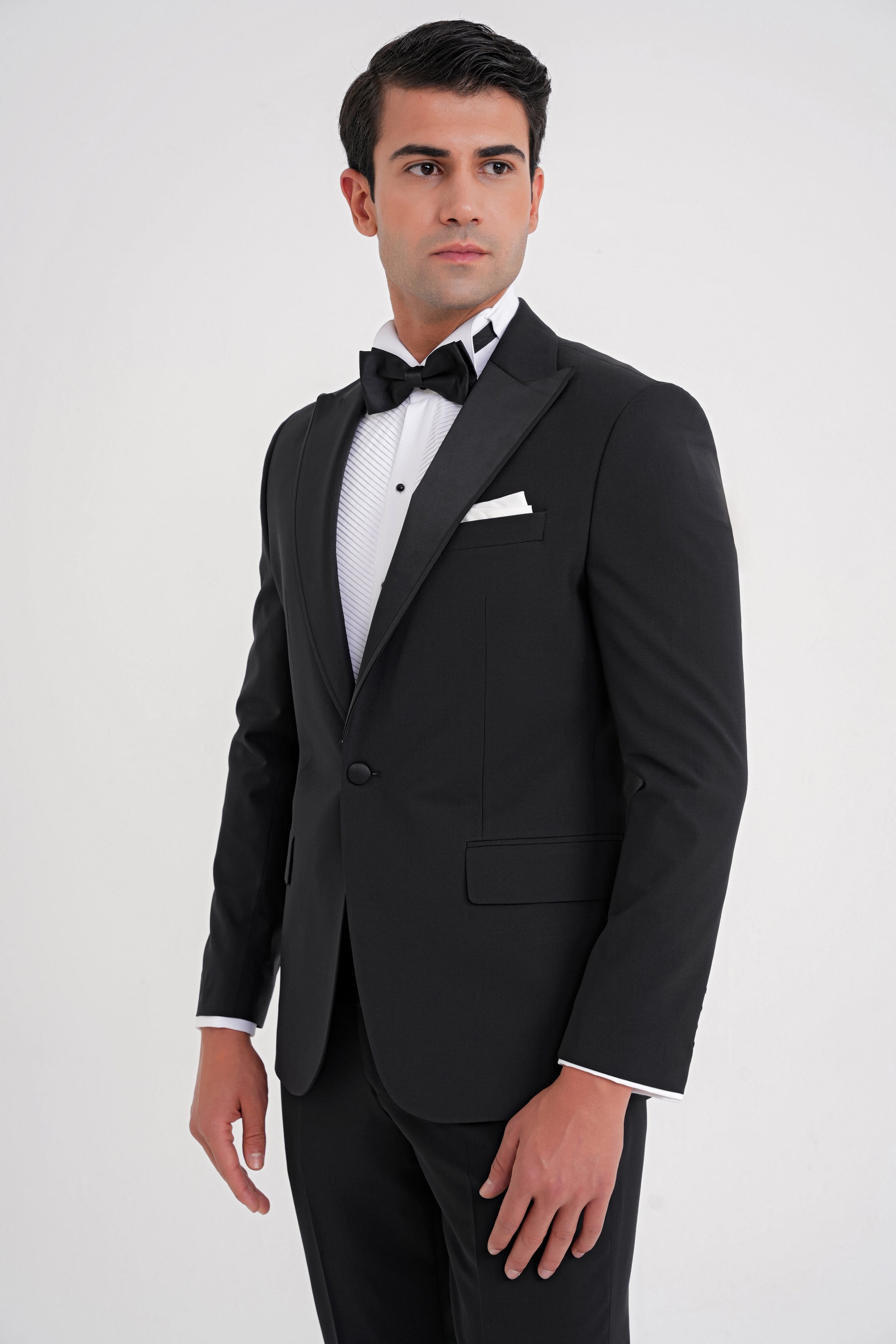 Slim Fit Çıkarılabilir Kırlangıç Saten Yaka Siyah Damatlık Smokin Takım Black 081