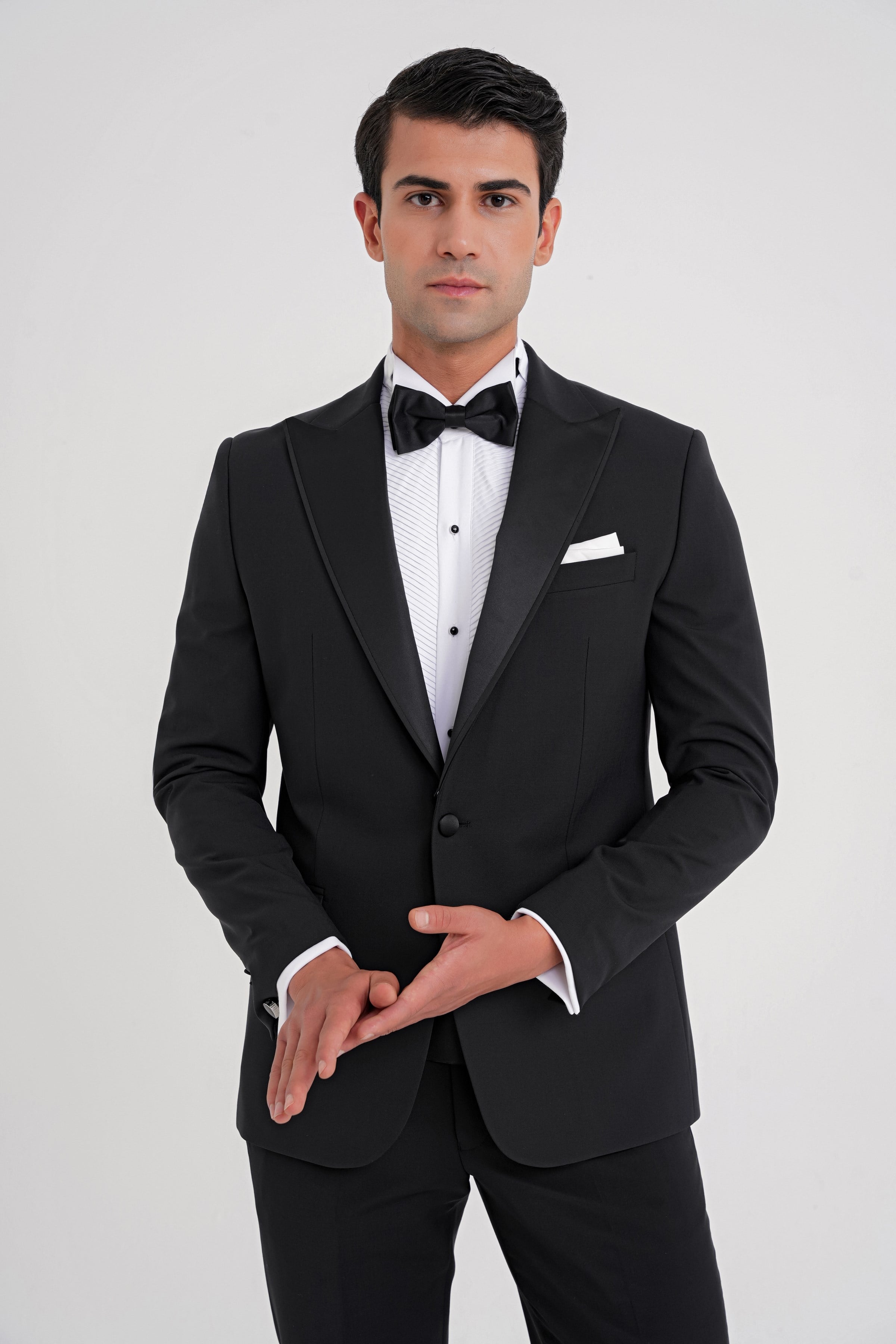 Slim Fit Çıkarılabilir Kırlangıç Saten Yaka Siyah Damatlık Smokin Takım Black 081