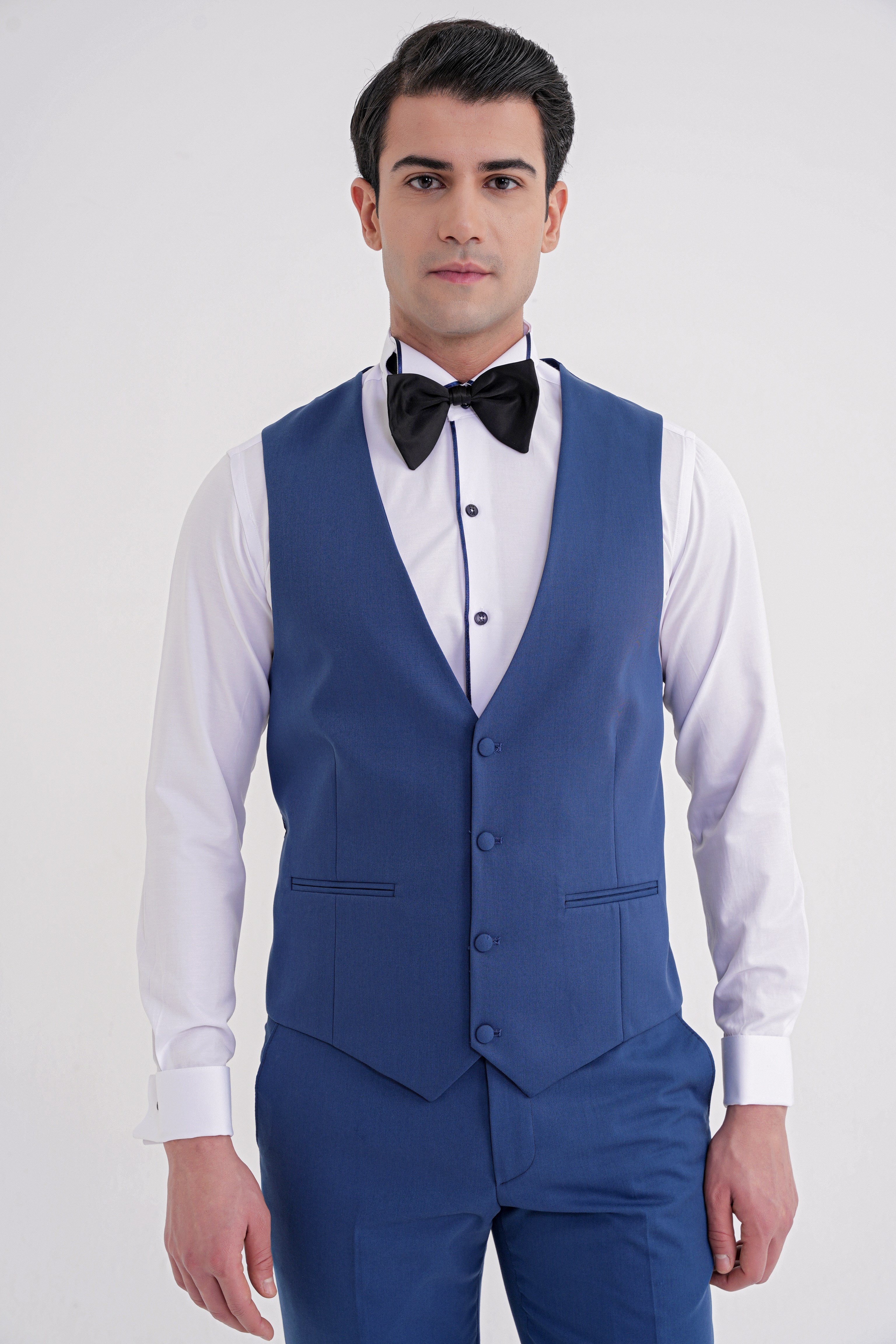 Slim Fit Çıkarılabilir Şal Saten Yaka Parlement Yelekli Damatlık Smokin Takım Black 072