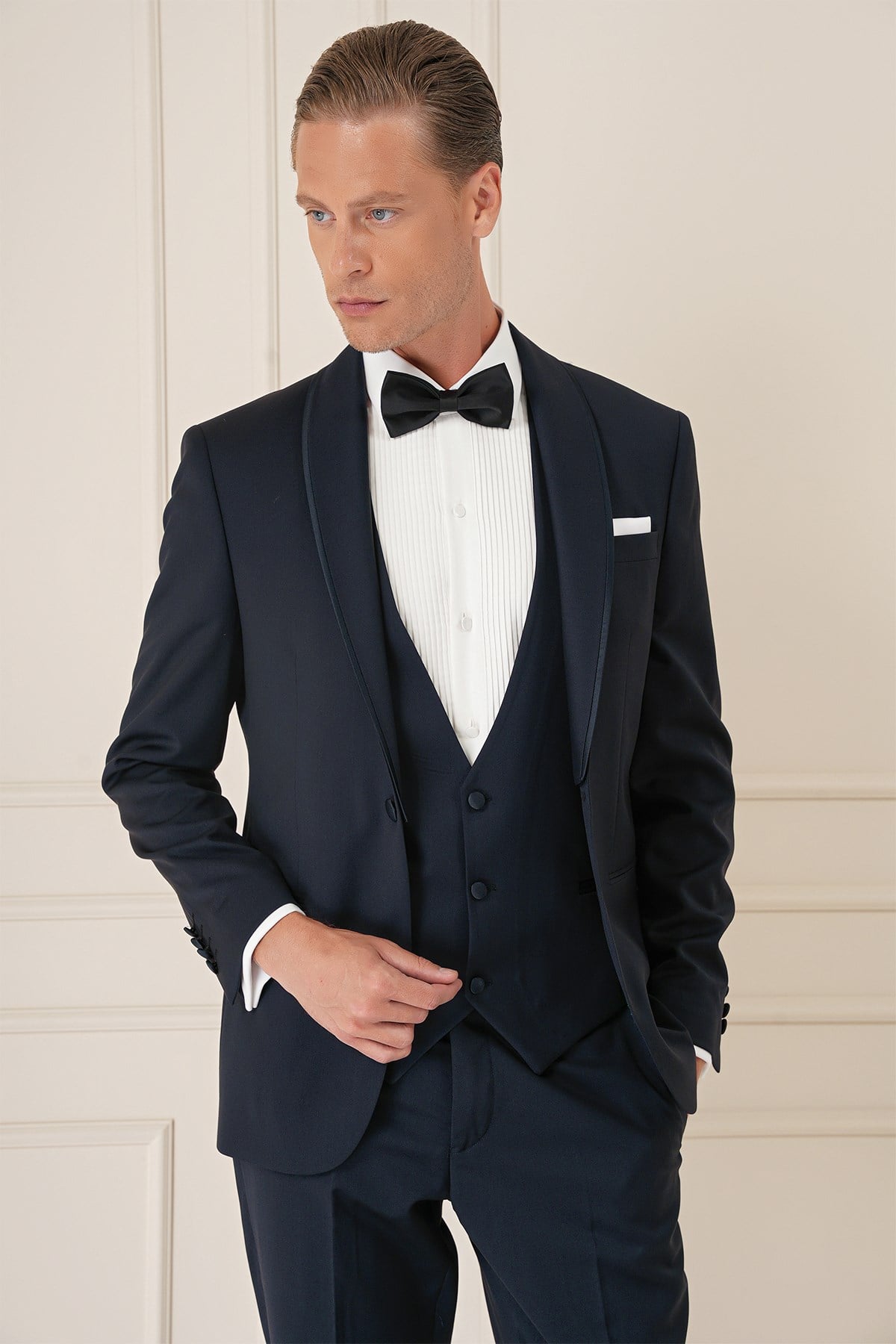 Slim Fit Çıkarılabilir Saten Yaka Cerutti Kumaş Yelekli Lacivert Damatlık Smokin Takım Black 078