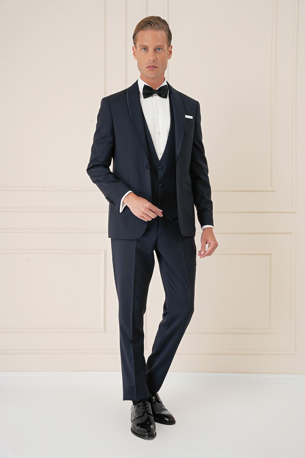 Slim Fit Çıkarılabilir Saten Yaka Cerutti Kumaş Yelekli Lacivert Damatlık Smokin Takım Black 078