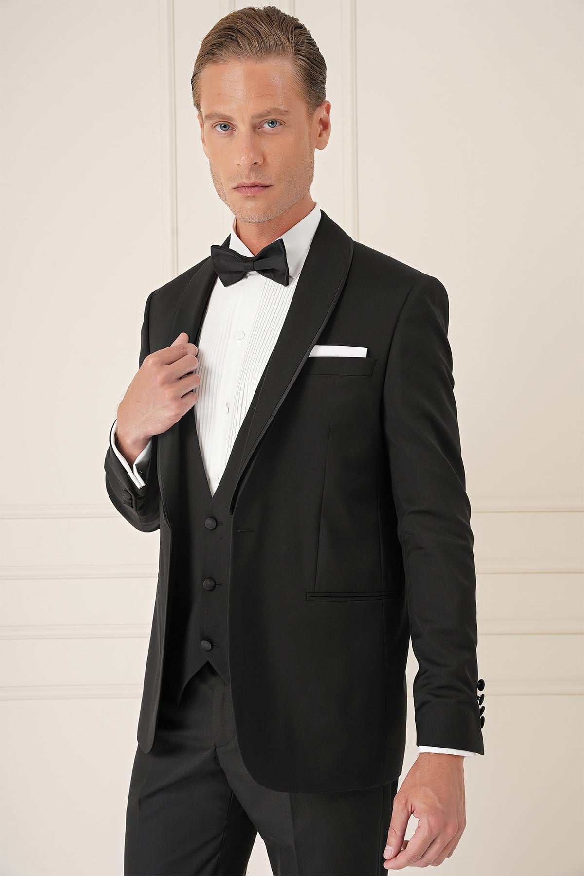 Slim Fit Çıkarılabilir Saten Yaka Cerutti Kumaş Yelekli Siyah Damatlık Smokin Takım Black 078
