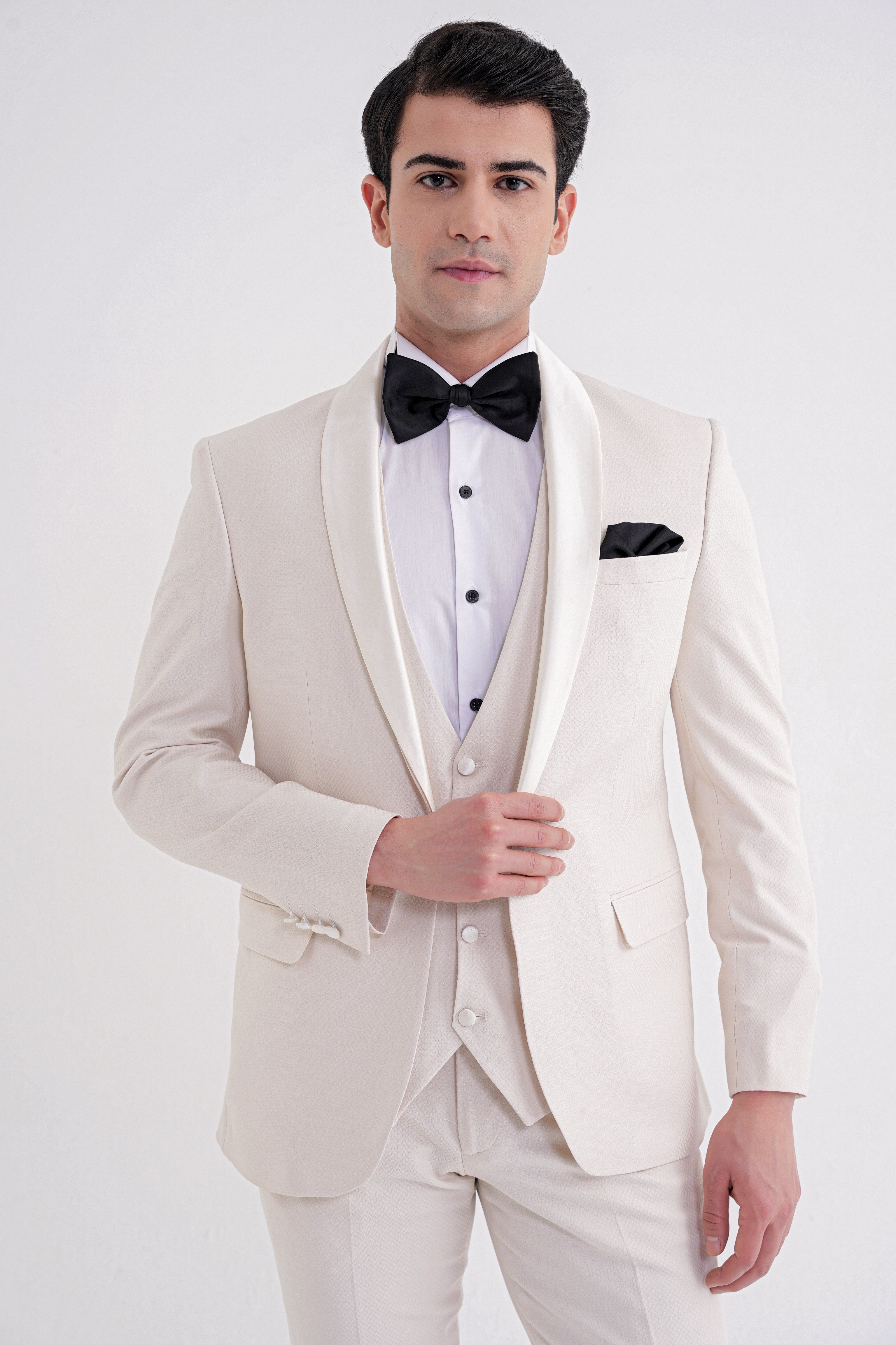 Slim Fit Çıkarılabilir Saten Yaka Doku Desenli Yelekli Krem Damatlık Smokin Takım Elbise Black 069