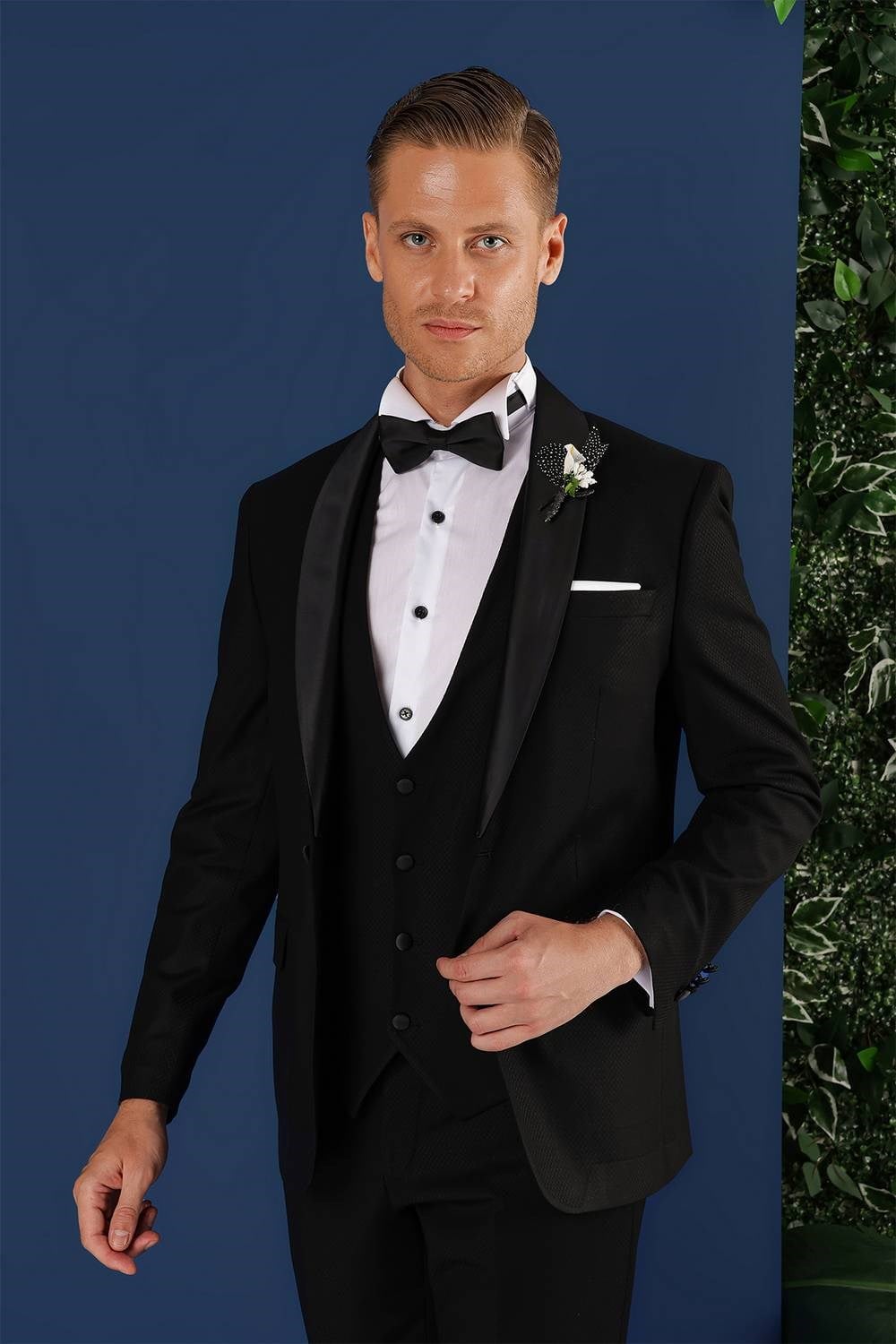 Slim Fit Çıkarılabilir Saten Yaka Doku Desenli Yelekli Siyah Damatlık Smokin Takım Elbise Black 069