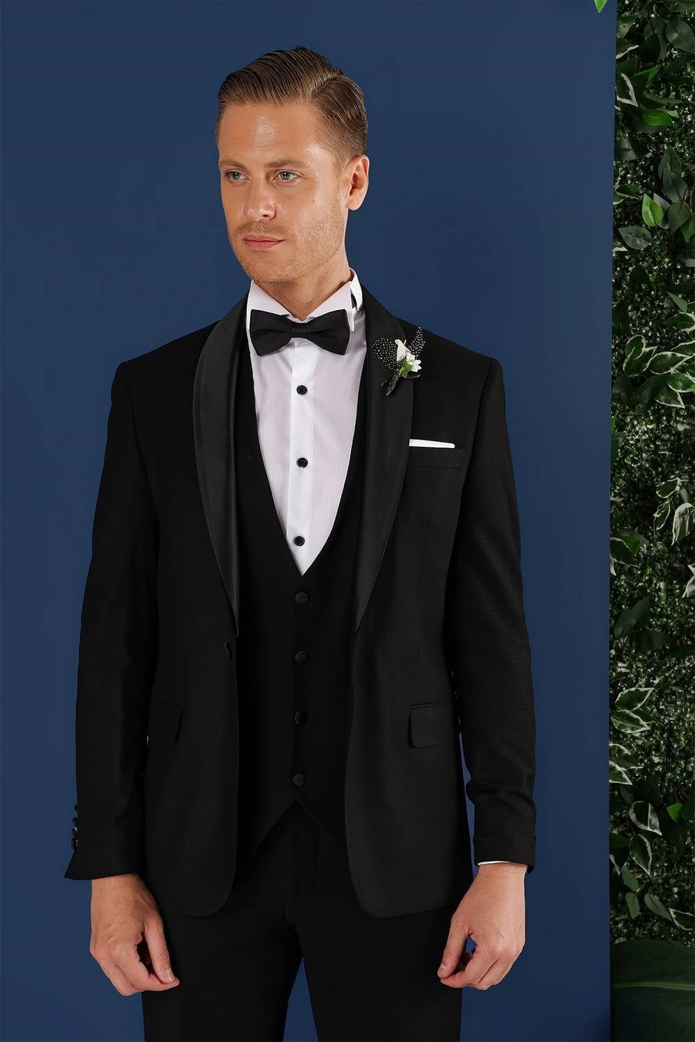 Slim Fit Çıkarılabilir Saten Yaka Doku Desenli Yelekli Siyah Damatlık Smokin Takım Elbise Black 069