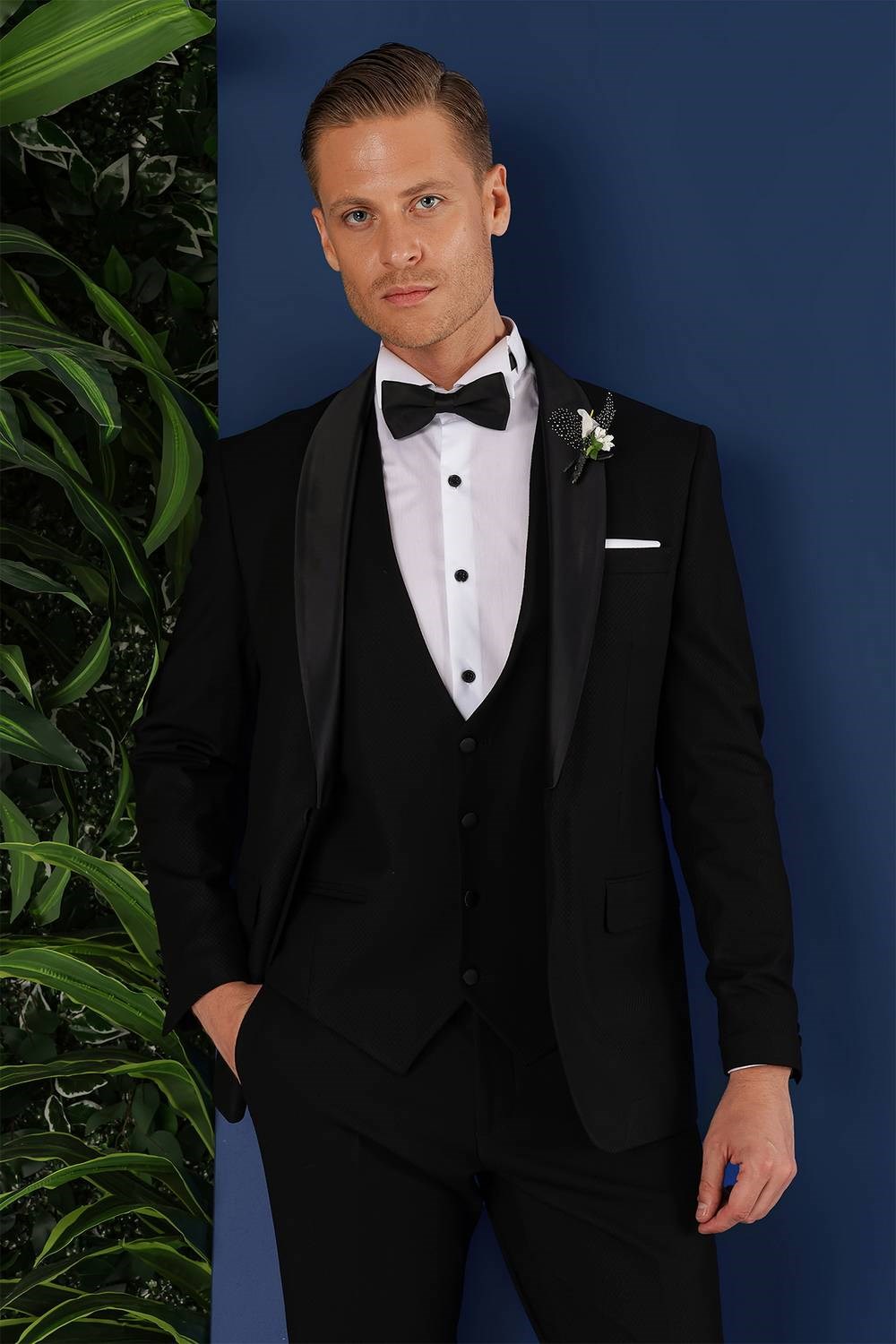 Slim Fit Çıkarılabilir Saten Yaka Doku Desenli Yelekli Siyah Damatlık Smokin Takım Elbise Black 069