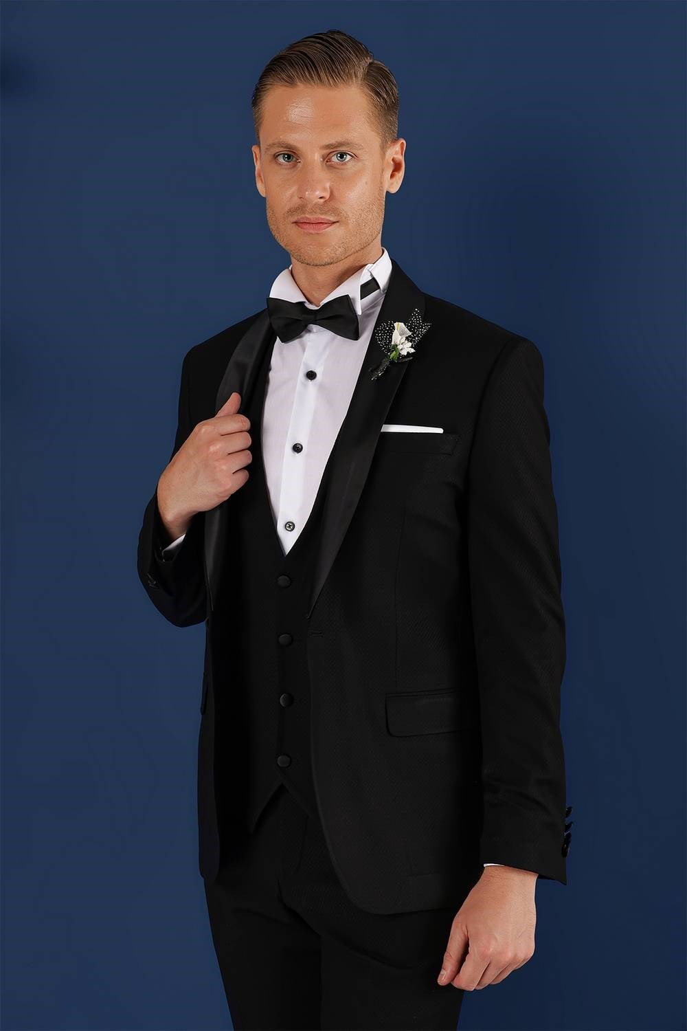Slim Fit Çıkarılabilir Saten Yaka Doku Desenli Yelekli Siyah Damatlık Smokin Takım Elbise Black 069