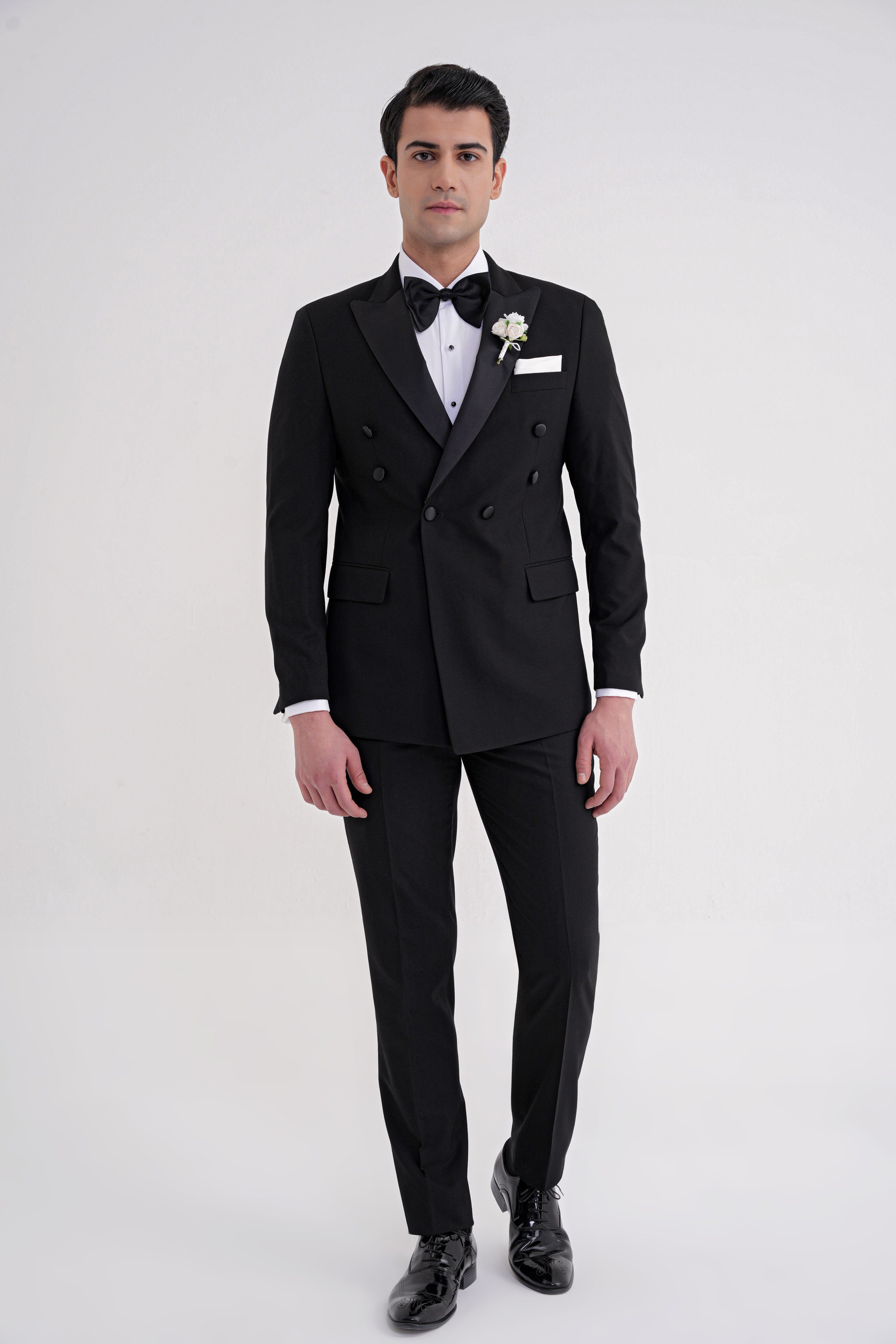 Slim Fit Çıkarılabilir Saten Yaka Kruvaze Siyah Damatlık Smokin Takım Black 082