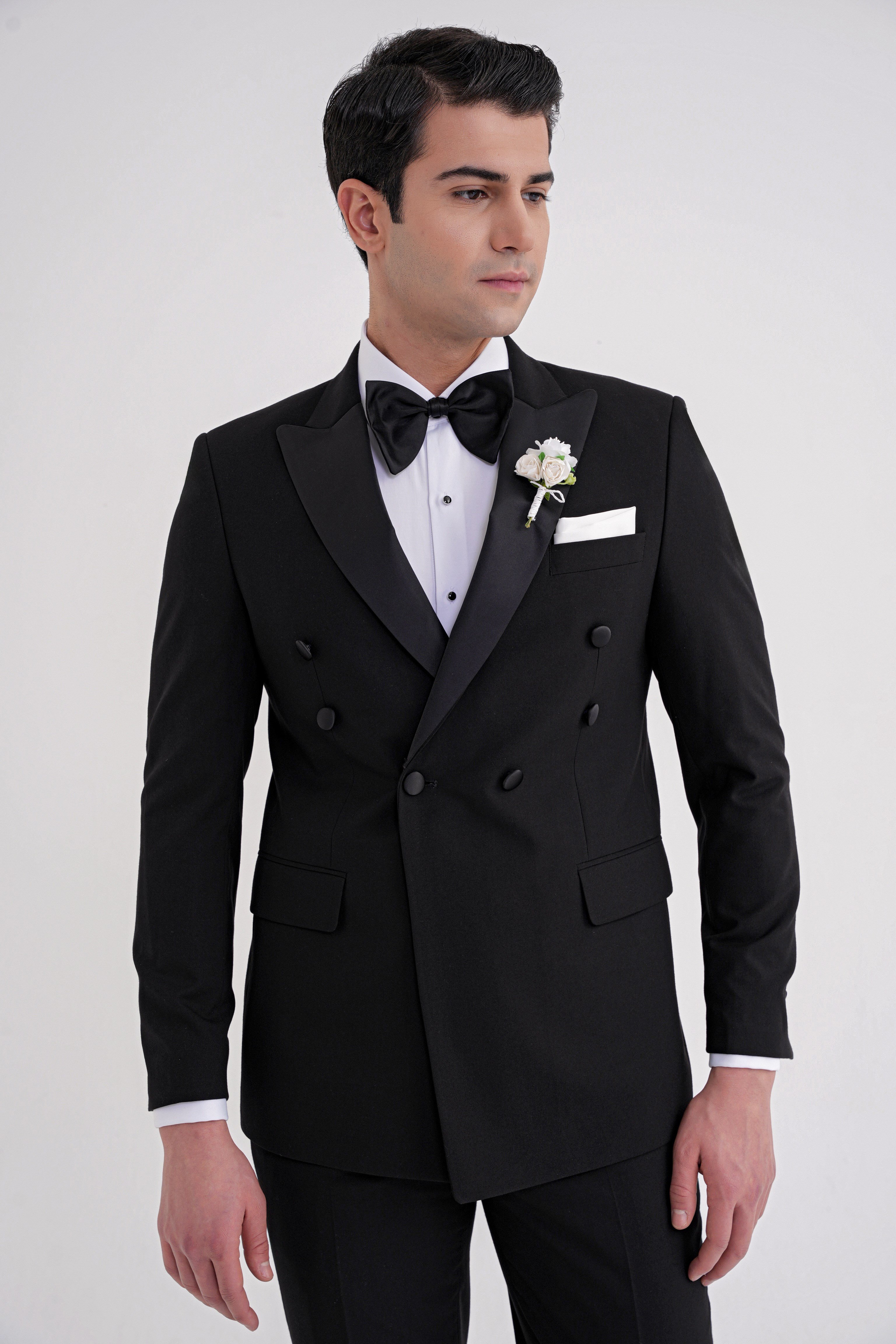 Slim Fit Çıkarılabilir Saten Yaka Kruvaze Siyah Damatlık Smokin Takım Black 082