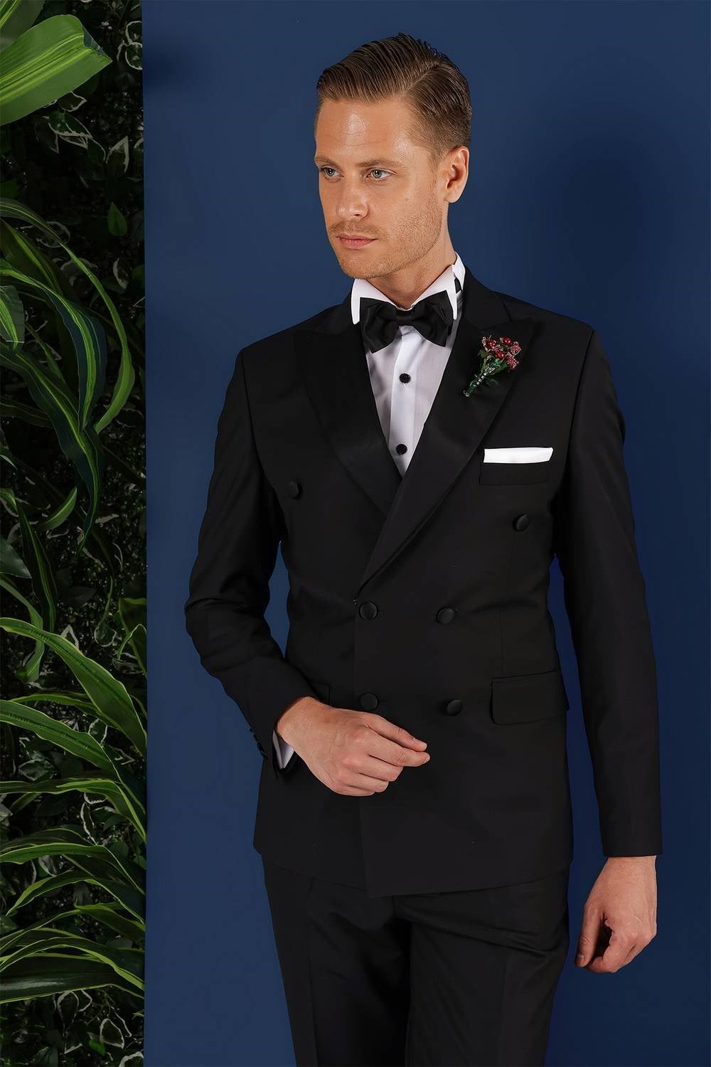 Slim Fit Çıkarılabilir Saten Yaka Kruvaze Siyah Damatlık Smokin Takım Black 071