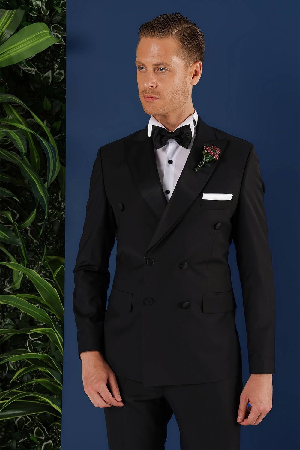 Slim Fit Çıkarılabilir Saten Yaka Kruvaze Siyah Damatlık Smokin Takım Black 071