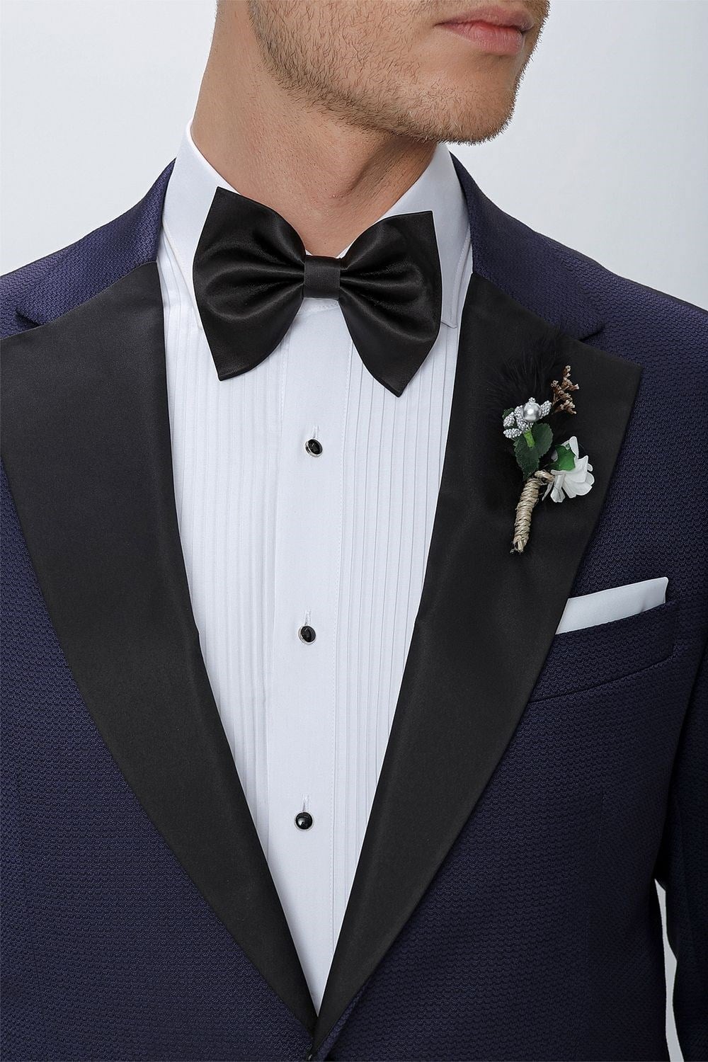 Slim Fit Çıkarılabilir Saten Yaka Lacivert Damatlık Smokin Takım Black 062