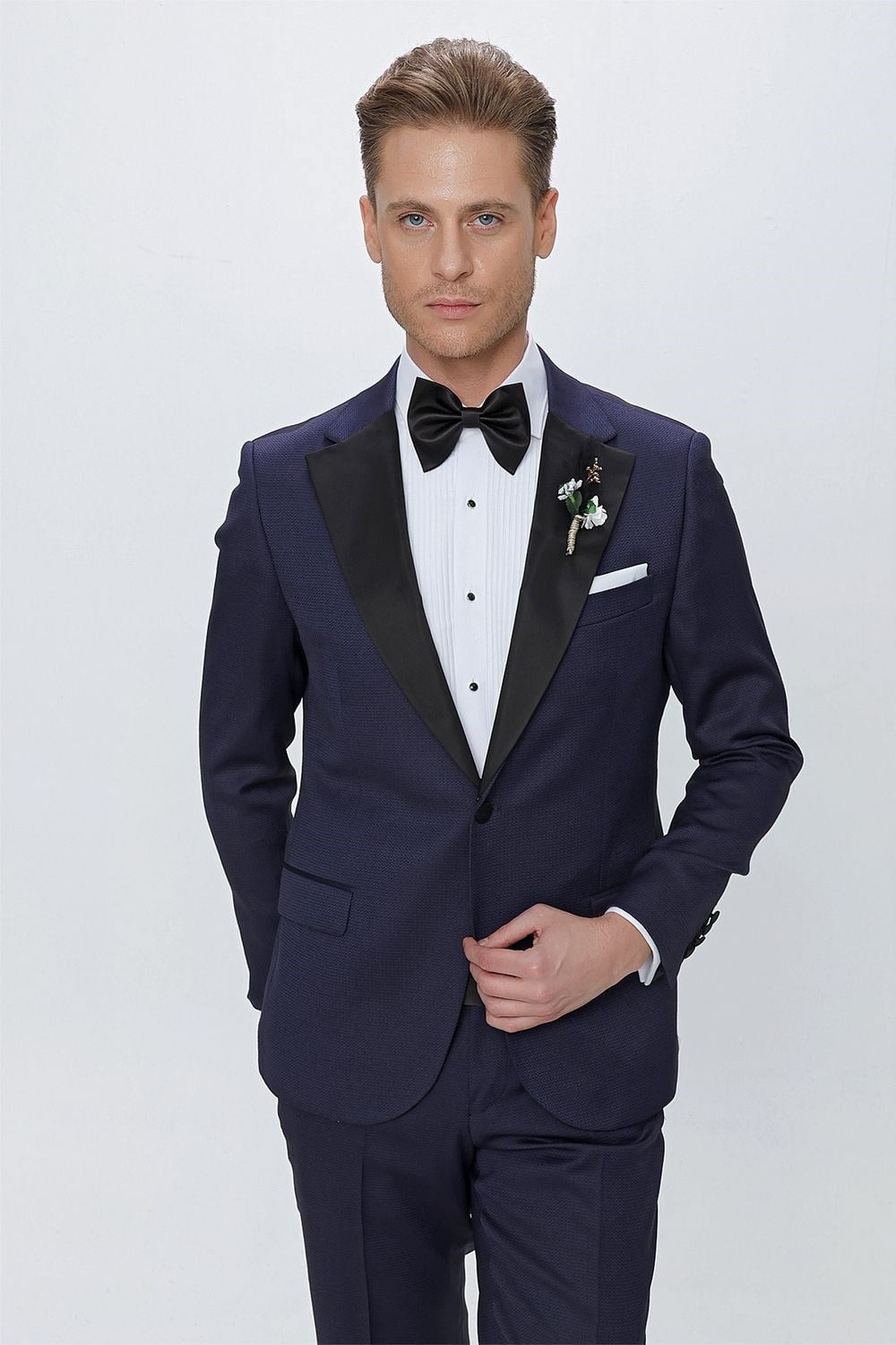 Slim Fit Çıkarılabilir Saten Yaka Lacivert Damatlık Smokin Takım Black 062