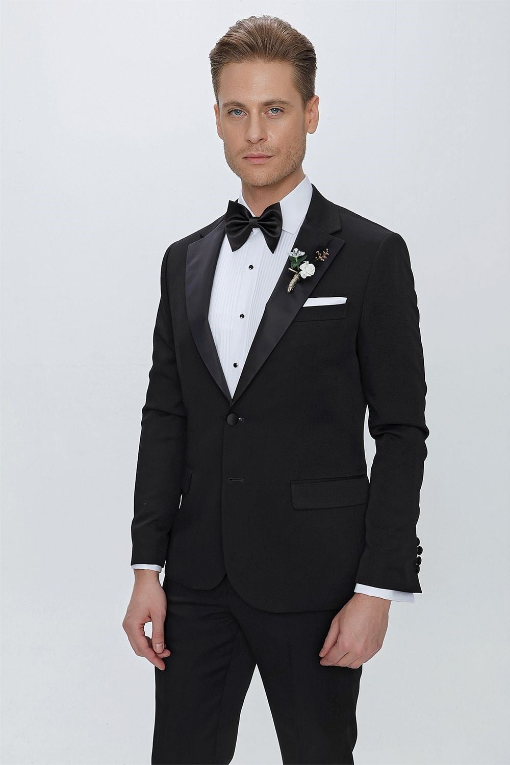 Slim Fit Çıkarılabilir Saten Yaka Siyah Damatlık Smokin Takım Black 067