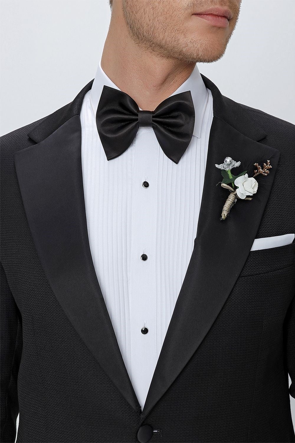 Slim Fit Çıkarılabilir Saten Yaka Siyah Damatlık Smokin Takım Black 062