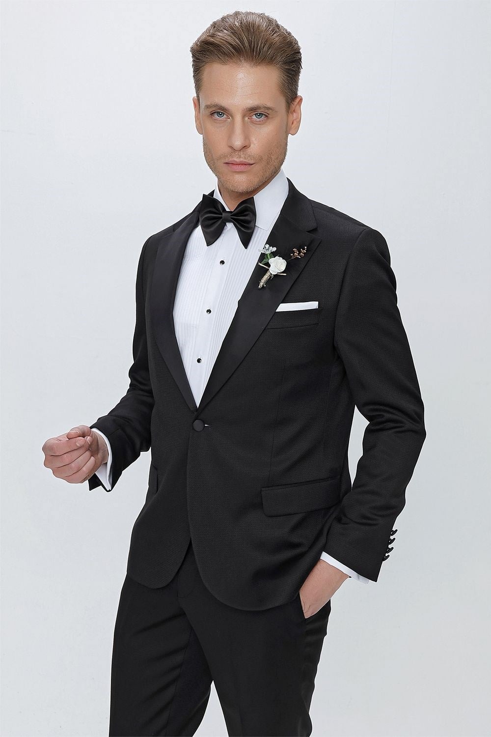 Slim Fit Çıkarılabilir Saten Yaka Siyah Damatlık Smokin Takım Black 062