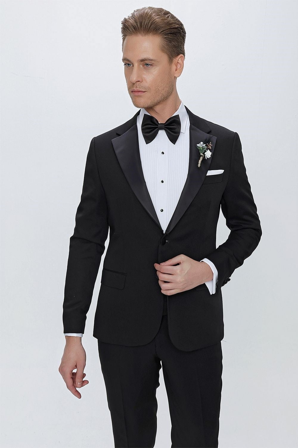 Slim Fit Çıkarılabilir Saten Yaka Siyah Damatlık Smokin Takım Black 067